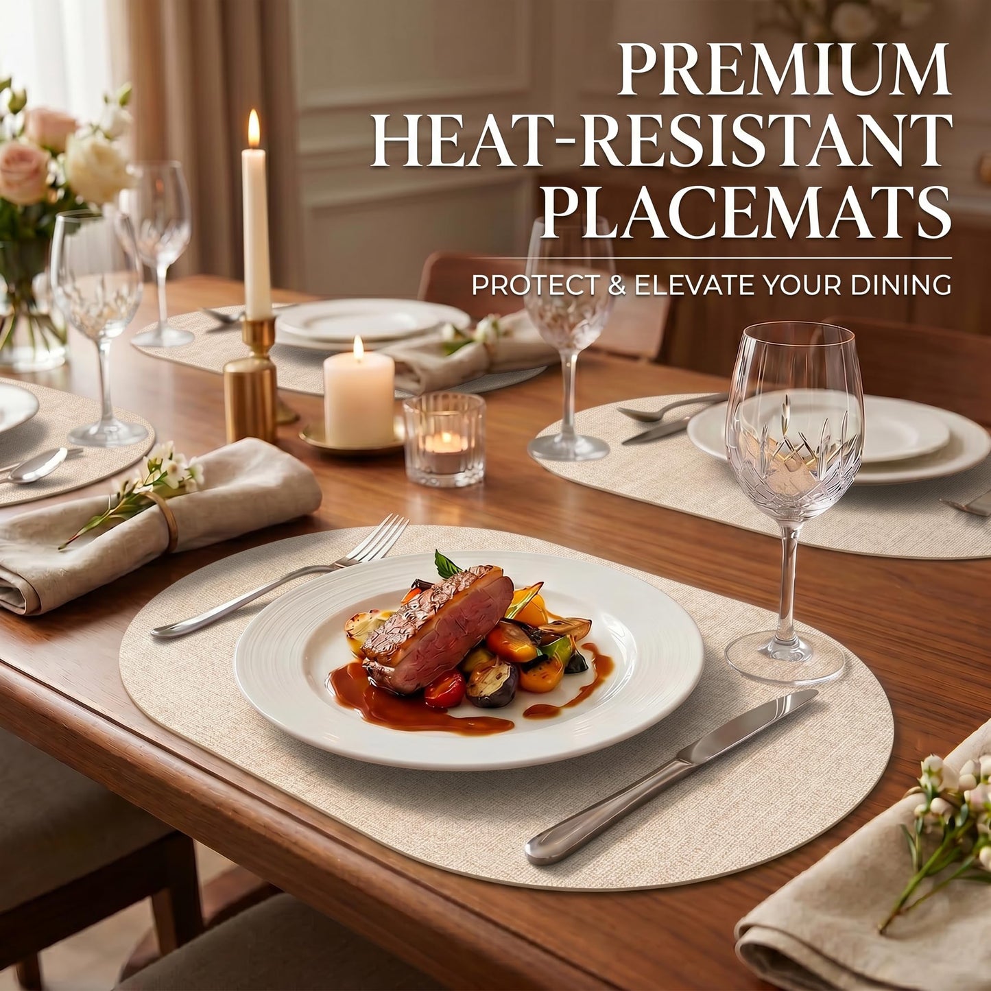 Faux Leather Placemats Set of 6, Wipeable Waterproof Stain Resistant Table Mats, Heat Resistant Thick Placemats with Hand-Painted Edges for Kitchen Dining, Imitative Linen Texture, Various Shapes BST326H
