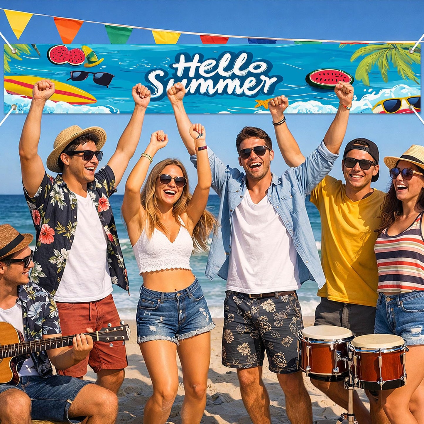 BlissYard Hello Summer Banner 118 x 20 Inch Pool Party Decorations Beach Surfboard Watermelon Tropical Fence Sign Hawaiian Luau Outdoor Backyard Wall Decor BST220