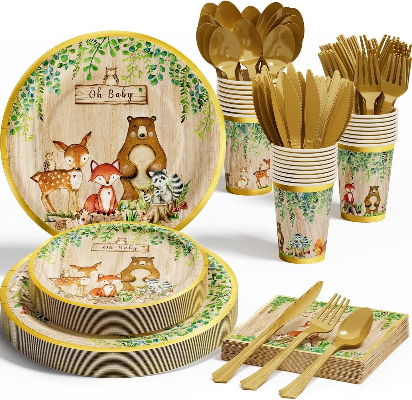 Woodland Baby Shower Decorations Supplies - 175PCS Forest Animal Disposable Dinnerware Set (25 Guest) With Gold Paper Plates Cups Napkins Plastic Fork Knives Spoon for Baby Boy Birthday Party BST326H