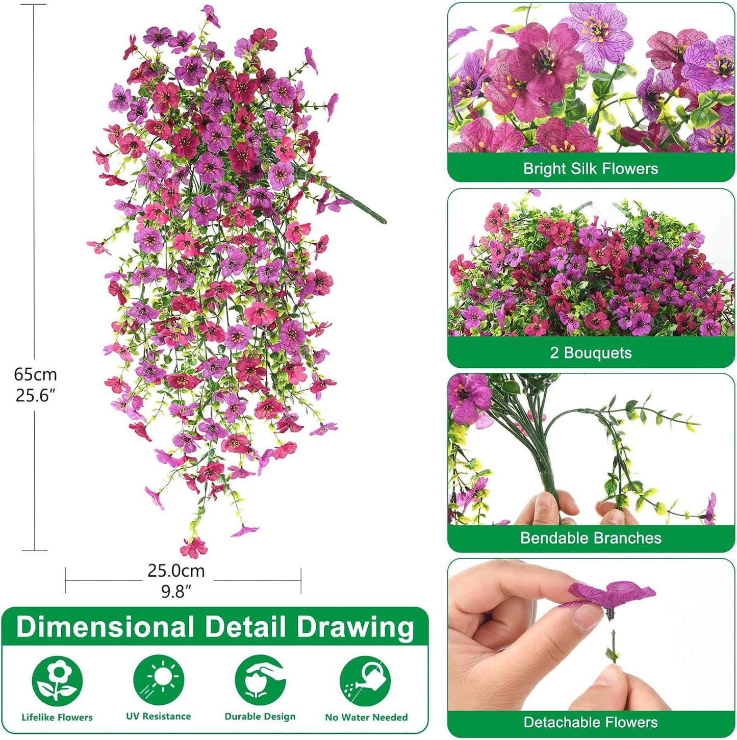Artificial Hanging Flowers for Outdoor, 2PCS Fake Flowers Faux Silk Daisy with Eucalyptus Leaves, UV Resistant Aritificial Flowers for Spring Home Patio Yard Porch Decor (Light Purple Red) BST202