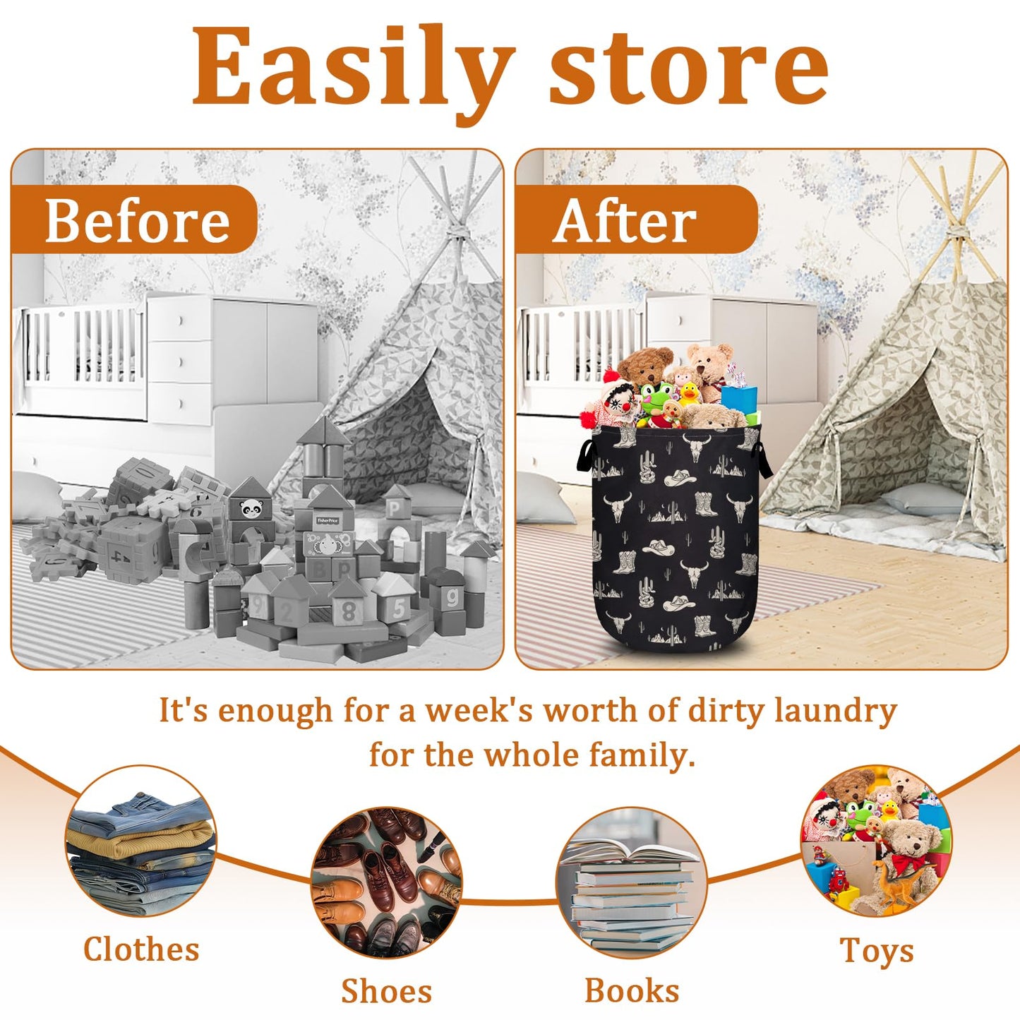Nature Cow Print Laundry Basket with Sturdy Handles, Cow Skin Collapsible Oxford Cloth Laundry Hamper Organizer Basket for Bathroom Bedroom 15.7x20 Inch BST220
