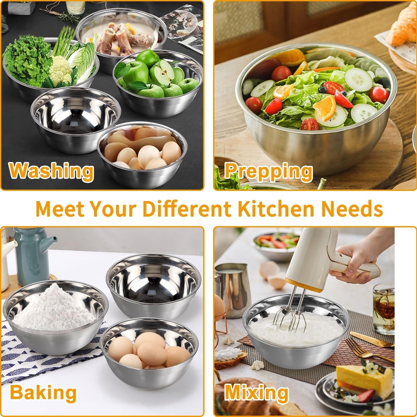 WEPSEN Mixing Bowls Set, 25PCS Stainless Steel Mixing Bowl with Lid Set, Large Nesting Bowls 7, 4.5, 3,2, 1.5QT, Measuring Cups and Spoons Baking Utensils Metal Bowl for Kitchen Prep BST220
