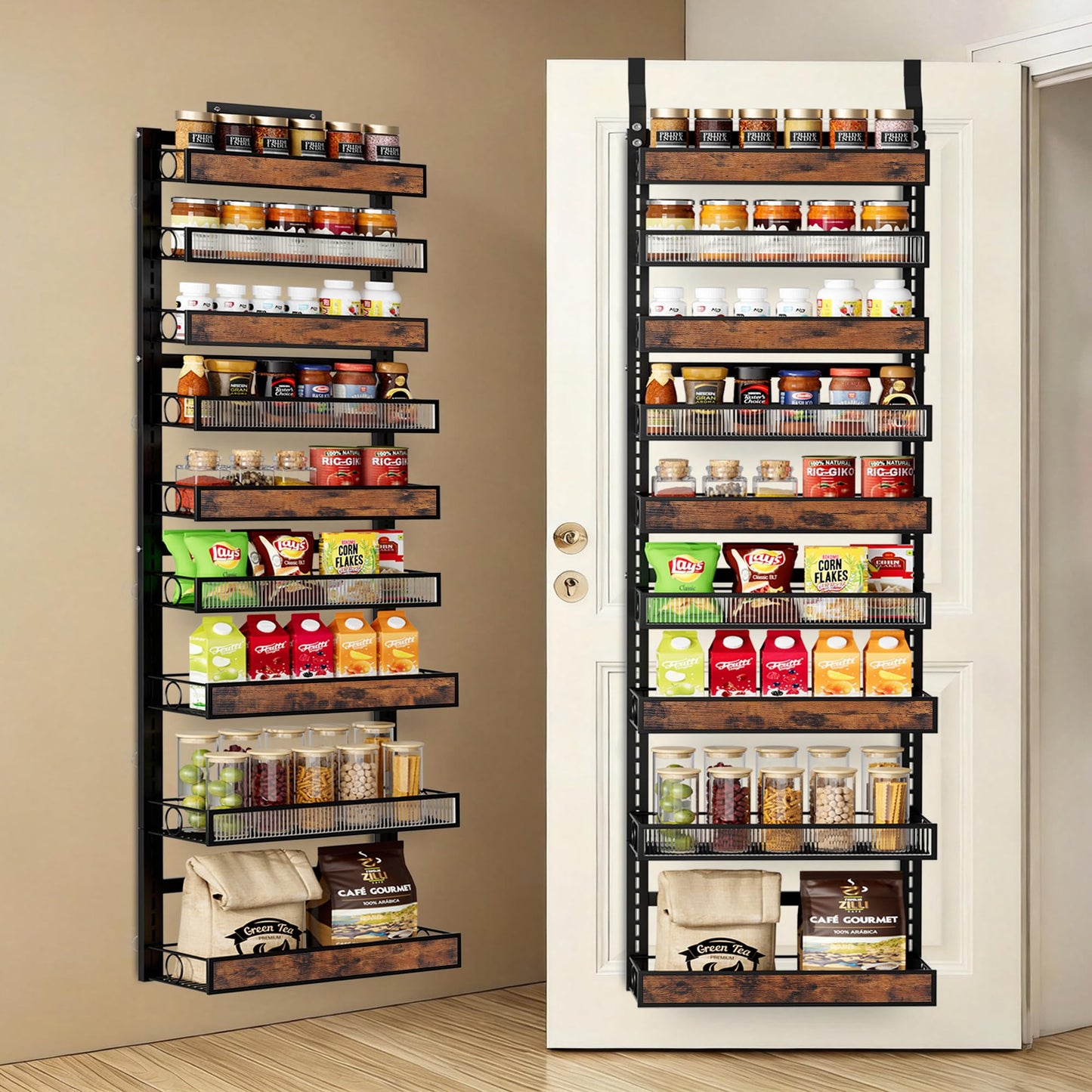 6 Tier Pantry Door Organizer Spice Rack, 2-IN-1 Wall Mount or Hanging Over Door Seasoning Organizer with Adjustable Baskets, Heavy Duty Behind Door Storage Shelves for Pantry, Cabinet and Kitchen BST220