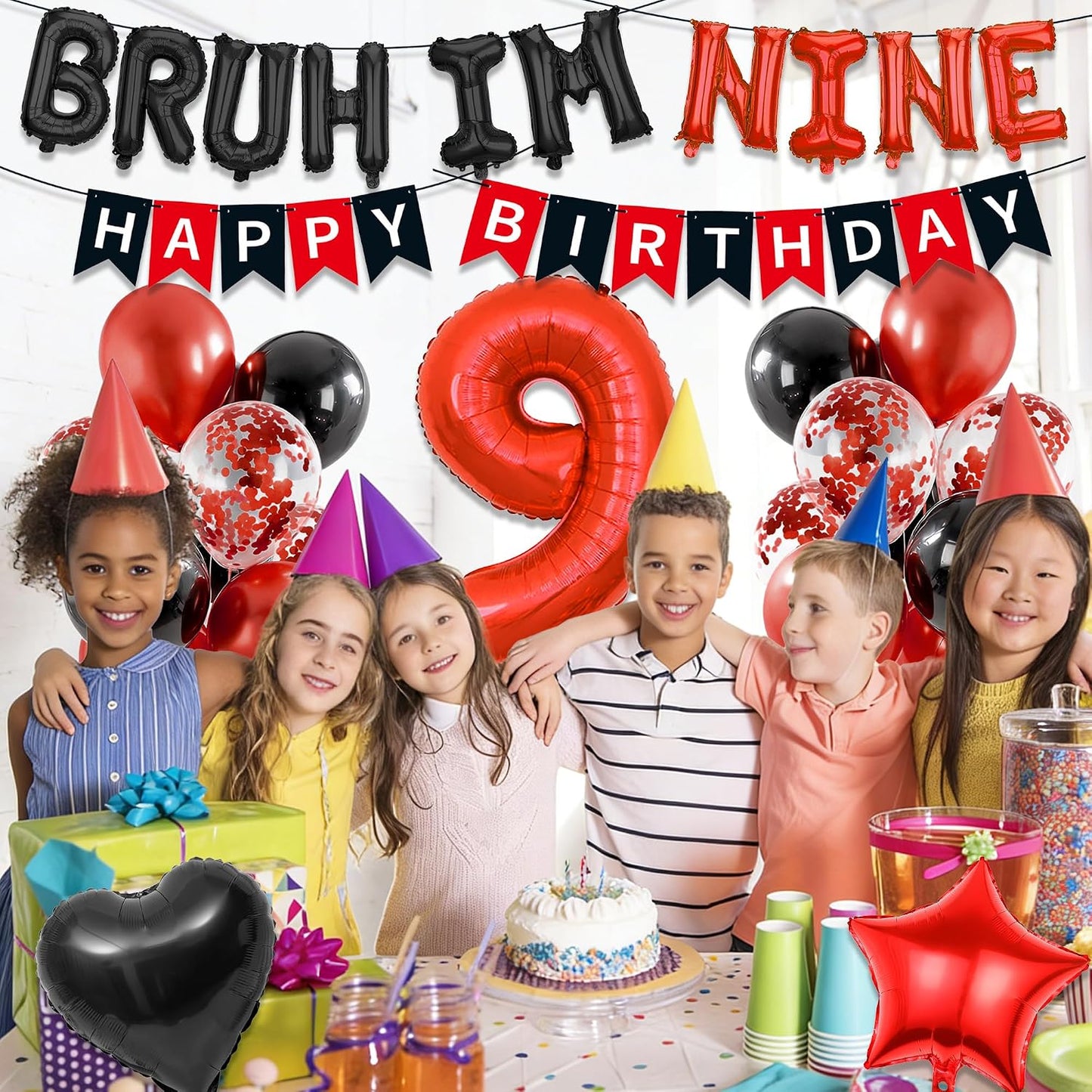 9th Birthday Decorations Boys Kit - 27 Pcs Red and Black Bruh Im Nine Balloon Banners Happy Birthday Fishtail Flags Number 9 Balloon Star Heart Balloons Set for 9 Year Old Party Decoration Supplies BST202