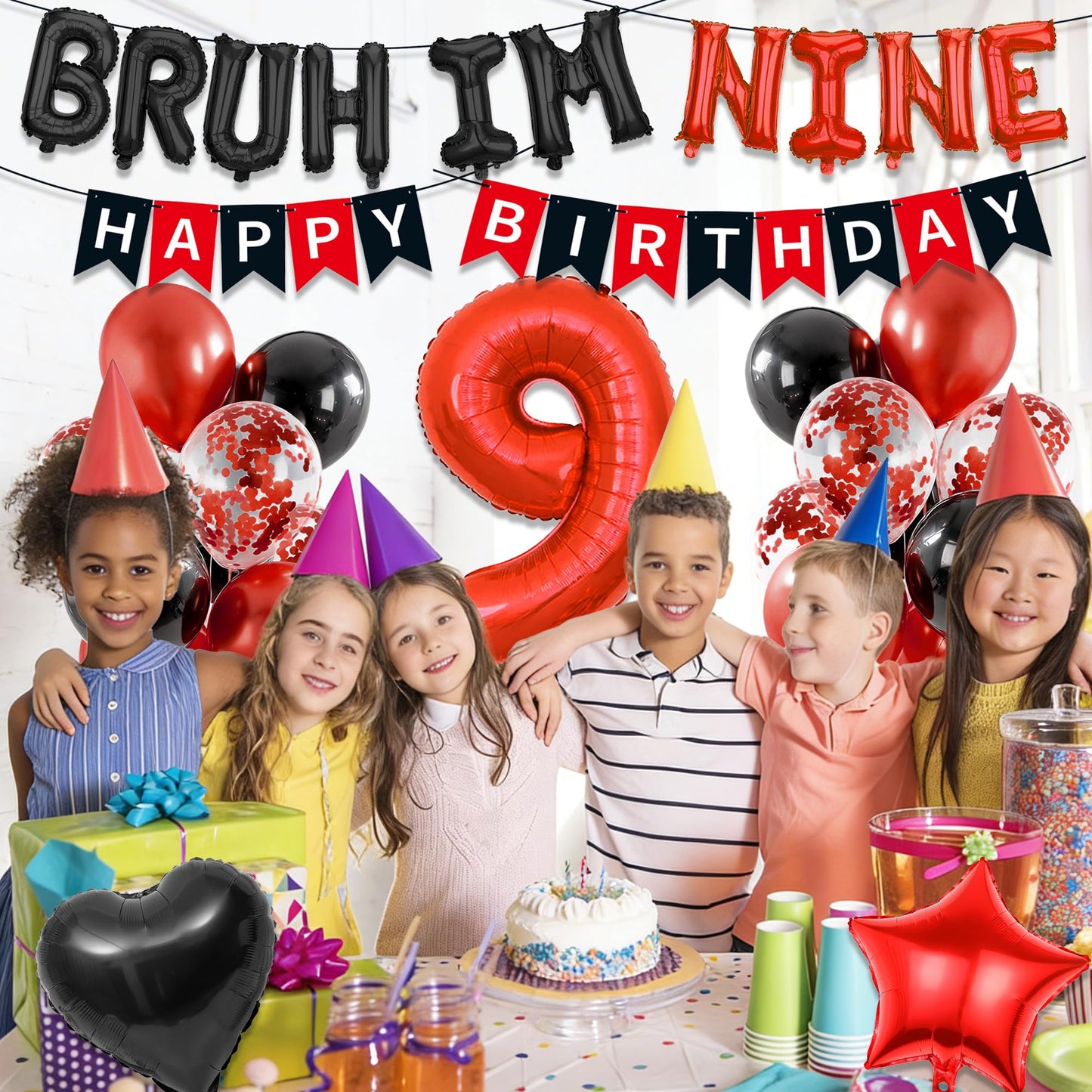 9th Birthday Decorations Boys Kit - 27 Pcs Red and Black Bruh Im Nine Balloon Banners Happy Birthday Fishtail Flags Number 9 Balloon Star Heart Balloons Set for 9 Year Old Party Decoration Supplies BST202