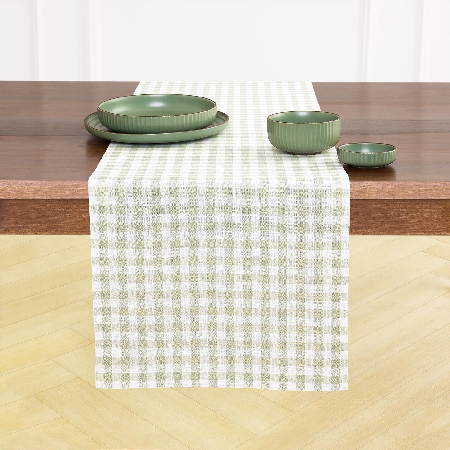 Solino Home 100% Pure Linen Table Runner Apricot, Gingham Check 14 x 36 in | Table Runners for nightstands, end tables, coffee tables and dressers | checkered weave, mitered corners | OEKO-TEX Certified BST326SOLH