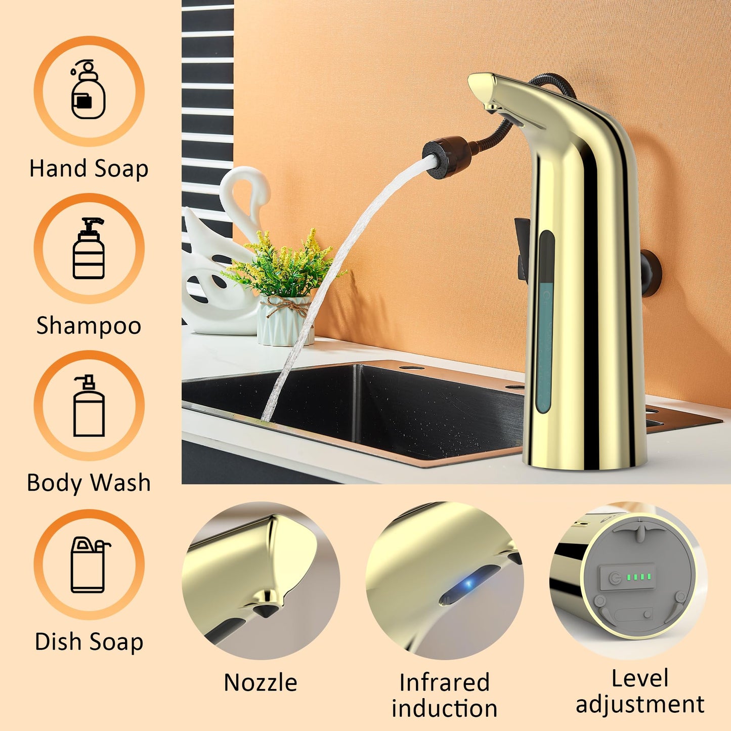 Automatic Soap Dispenser Touchless,400ML Hand & Dish Countertop Electric Liquid Dispenser with Sensor,Modern 4 Gear Adjustable Black Waterproof Battery Operated Kitchen Auto Soap Pump WN420