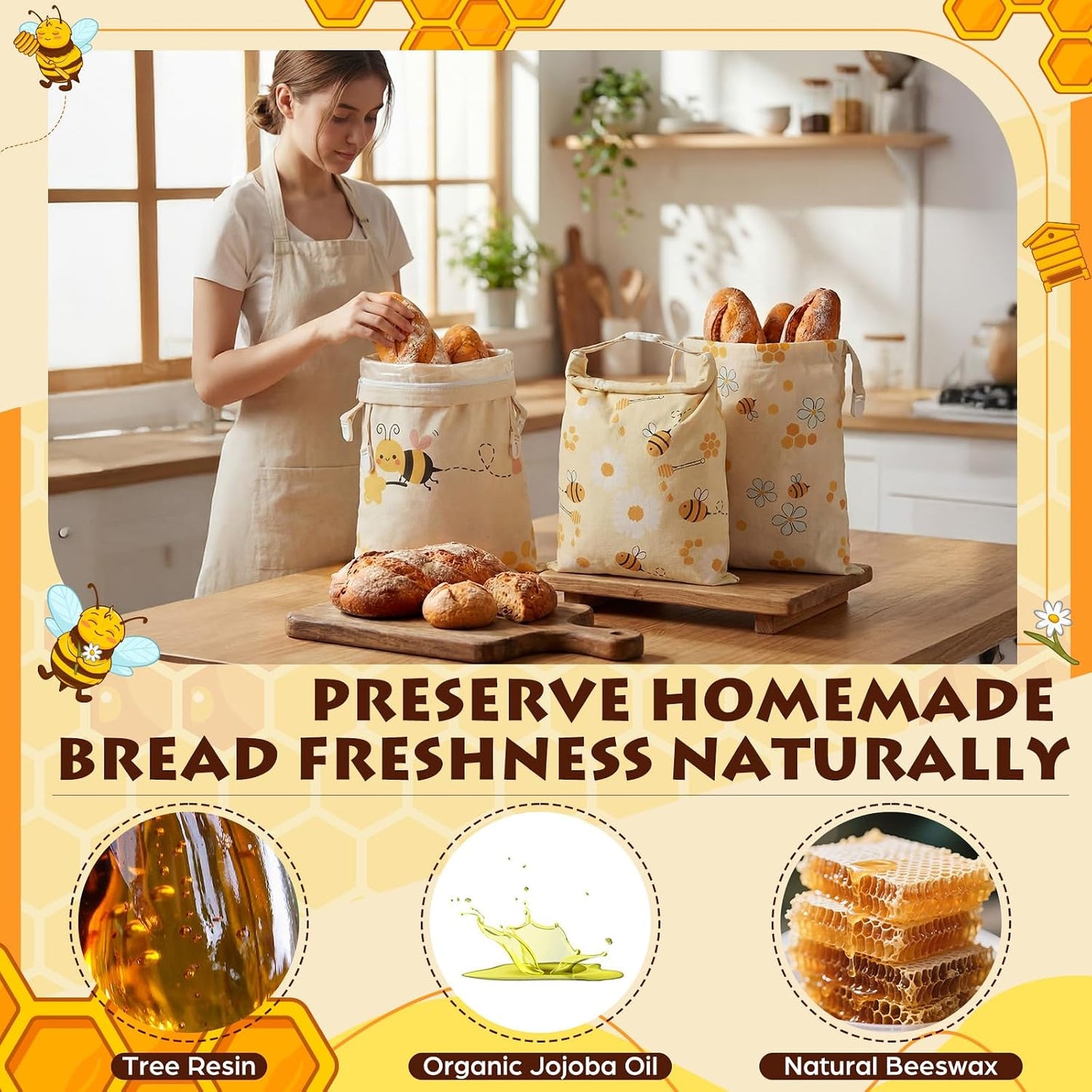 Reginary 3 Pack Beeswax Bread Bags for Sourdough & Homemade Bread 17 x 13'' XL Reusable Organic Linen Beeswax Wraps with Sealing Zip for Fresh Food Storage Loaf Freezer Baker Present(Bee Style) BST326L