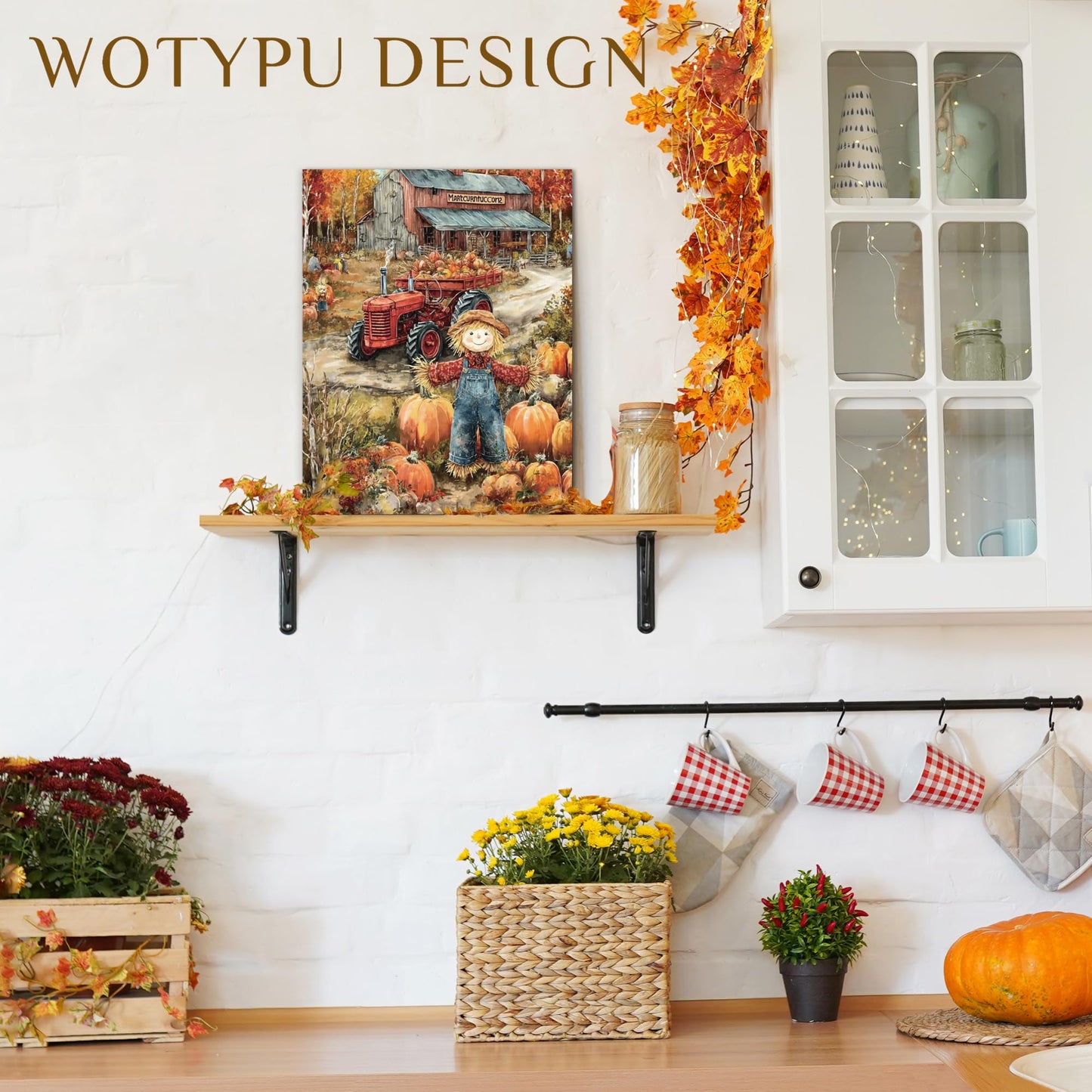 WOTYPU Fall Farmhouse Wall Art Decor, Farmhouse Fall Decor, Rustic Pumpkin Patch Scarecrow Truck Harvest Autumn Thanksgiving Framed Canvas Prints Poster Wall Decorations for Farm Home, 11x14 BST326H