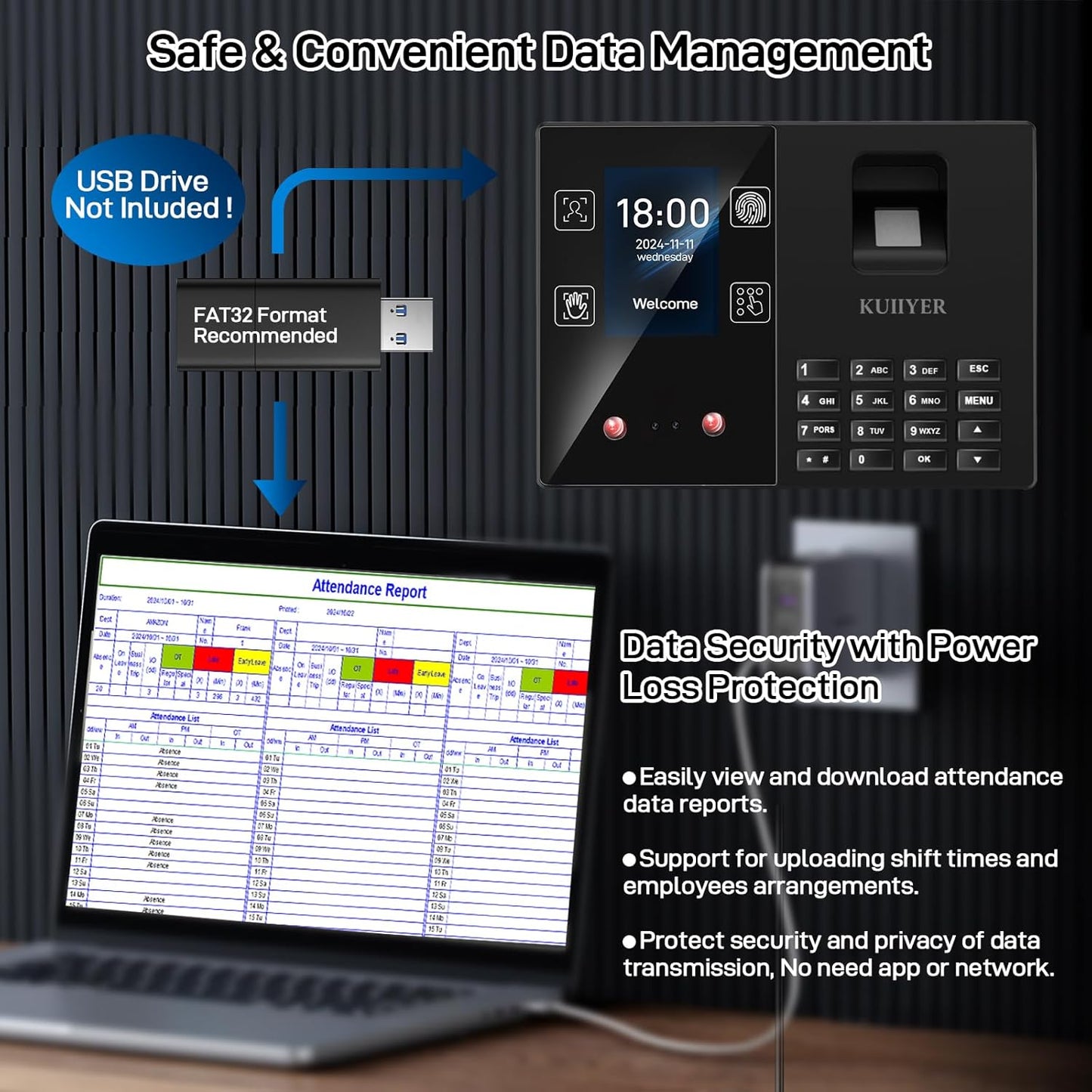 KUIIYER 4 in 1 Employees Time Clocks for Small Business (Face + Fingerprint + Palm Print + PIN) Employee Clock in & Out Machine Biometric Attendance Punch Clock Recorder Tracker (No Monthly Fee)