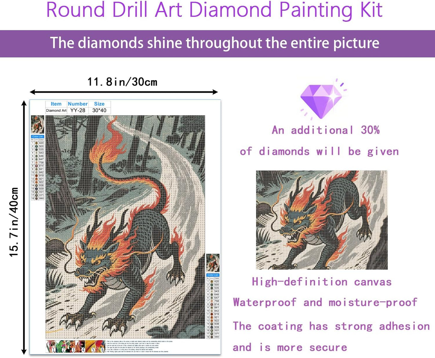Fire Dragon 5D Diamond Painting Kit for Adults，The Flaming Dragon in the Forest Full Drill DIY Round Gem Art Diamond Art Kits Painting Crafts Ideal for Beginners and Home Wall Decor 12X16inch BST220