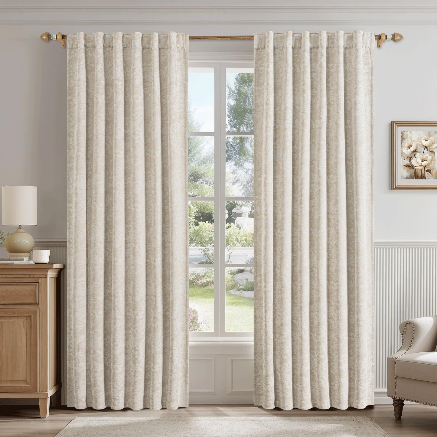Beauoop Green Floral Jacquard Blackout Curtains 90 Inches Long 2 Panels for Bedroom Living Room Sage Flower Chenille Room Darkening Thermal Insulated Soundproof Grommet Window Treatments Drapes, 52x90 BST220