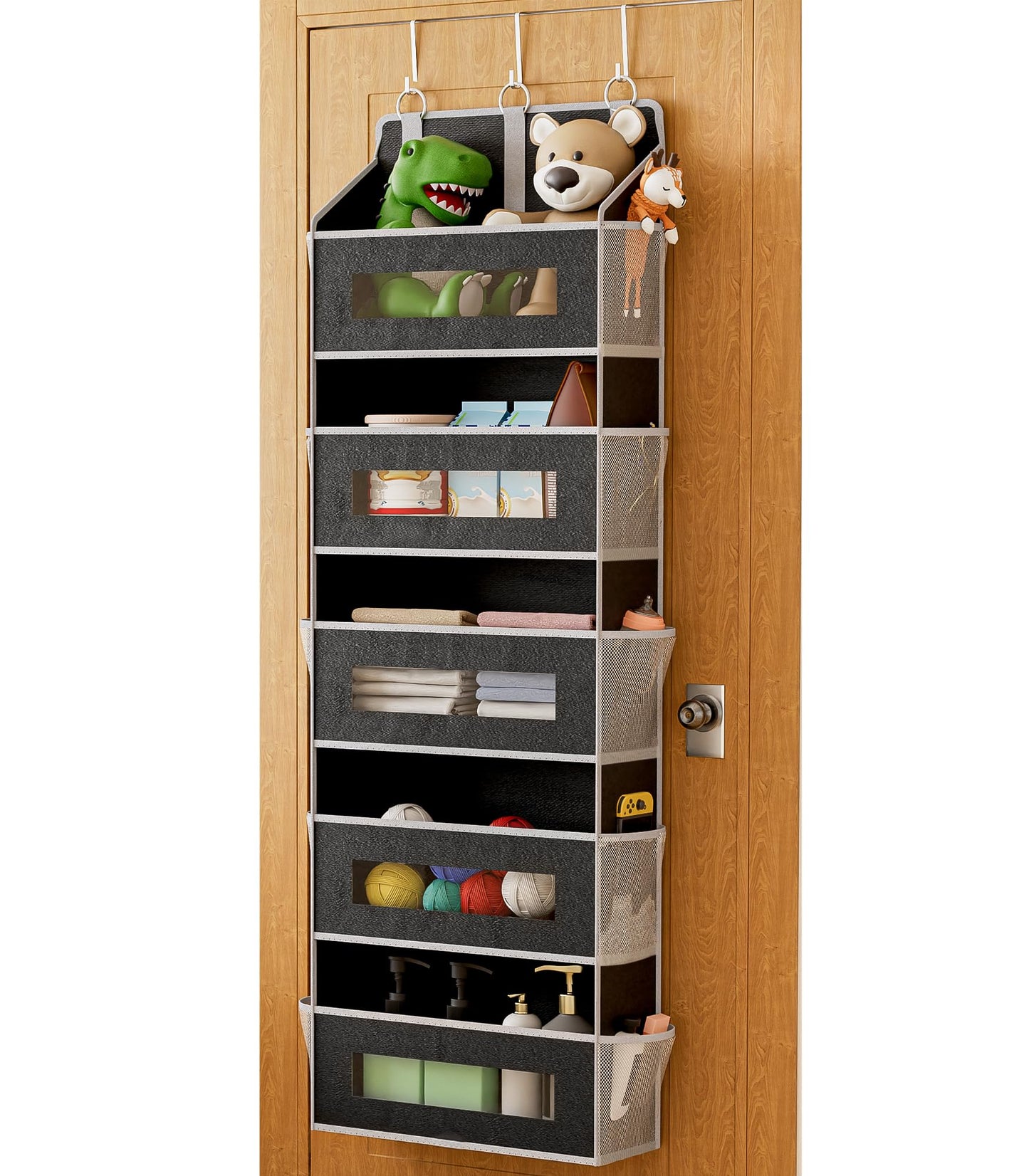 5 Tier Over The Door Organizer - Large Capacity Behind Door Hanging Shelves with 10 Mesh Pockets and Clear Windows, Closet Organizers and Storage for Bathroom, Bedroom, Nursery, Grey BST326H