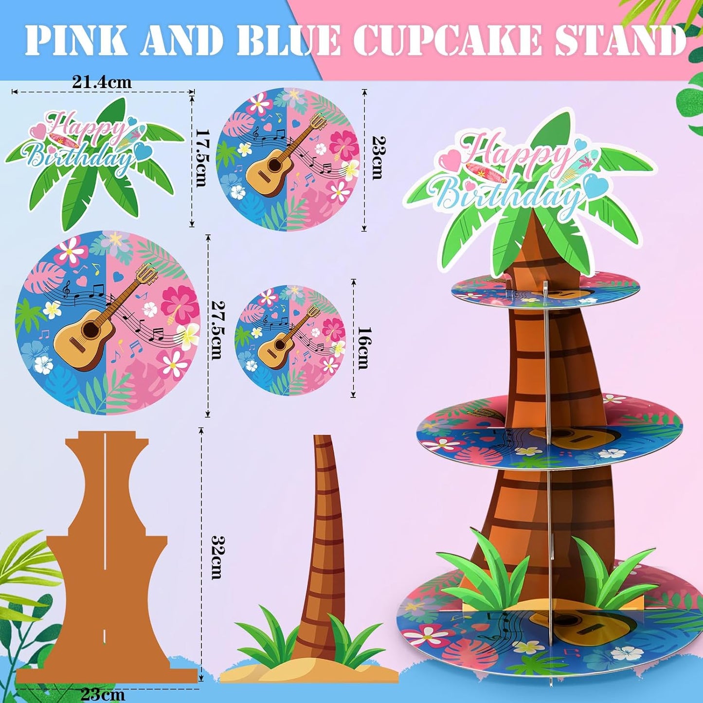 Leinuosen Hawaii Cupcake Stand Decorations 3 Tier Pink Blue Cartoon Cake Stand Happy Birthday Party Decor Cartoon Tropical Luau Birthday Decoration Cute Party Supplies for Wall Hanging Baby Shower BST202