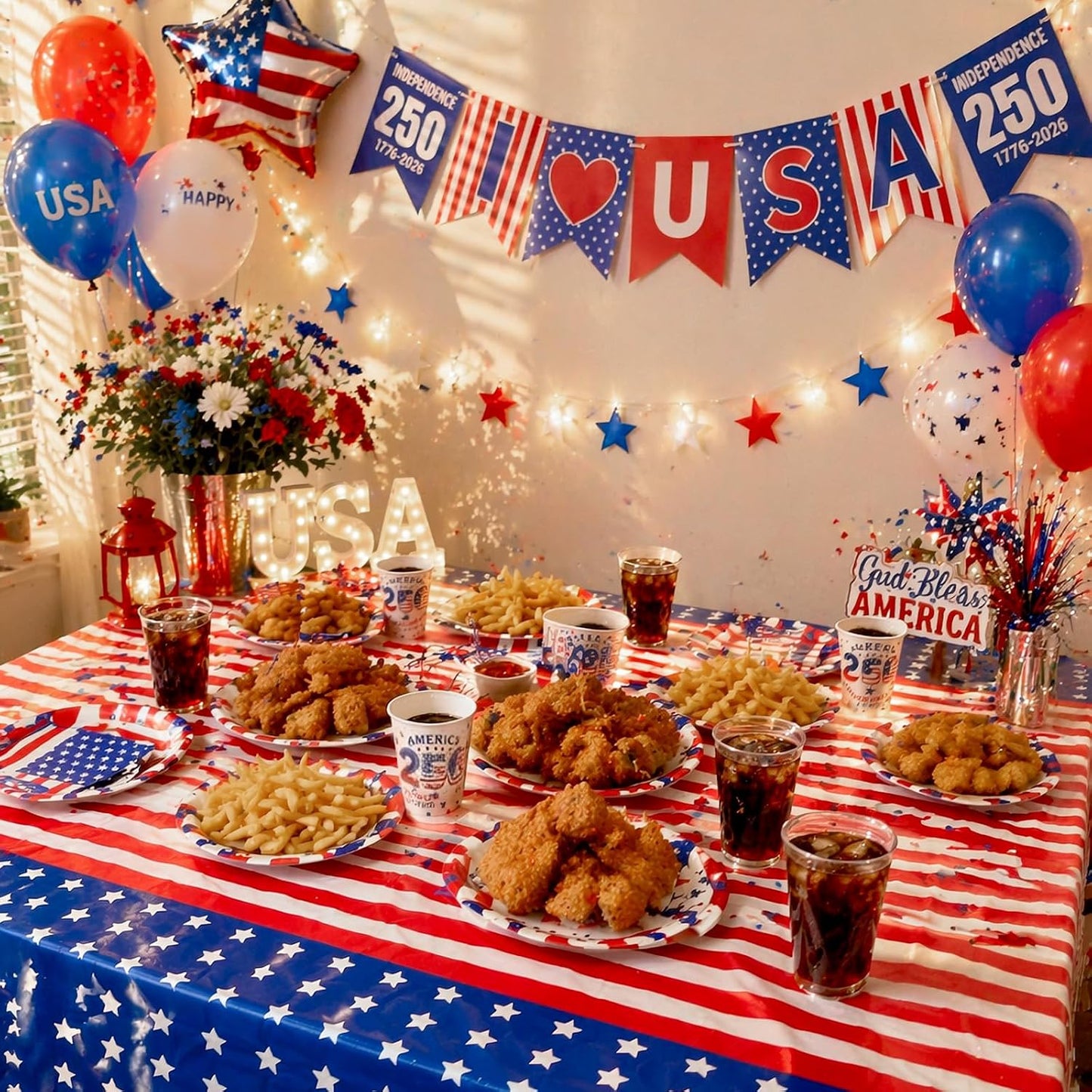 4th of July Party Supplies, American Flag Patriotic Decorations | Disposable Paper Plates, Cups, Banner, Tablecloth and Napkins Set, Serve 24 BST202