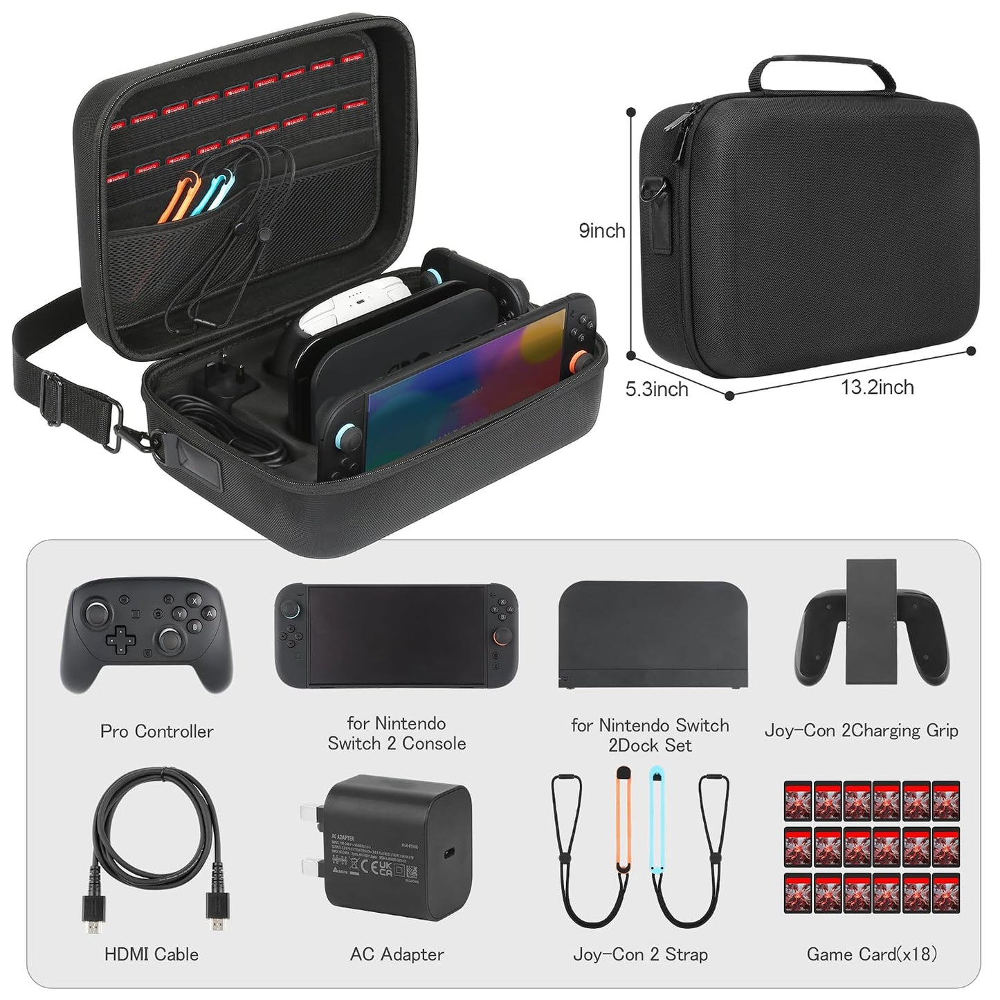 Sylzethion Switch 2 Case(2025), Hard Shell Travel Case with 18 Game Card Slots, All-in-One Protection for Switch 2 Console & Pro Controller Accessories WN420