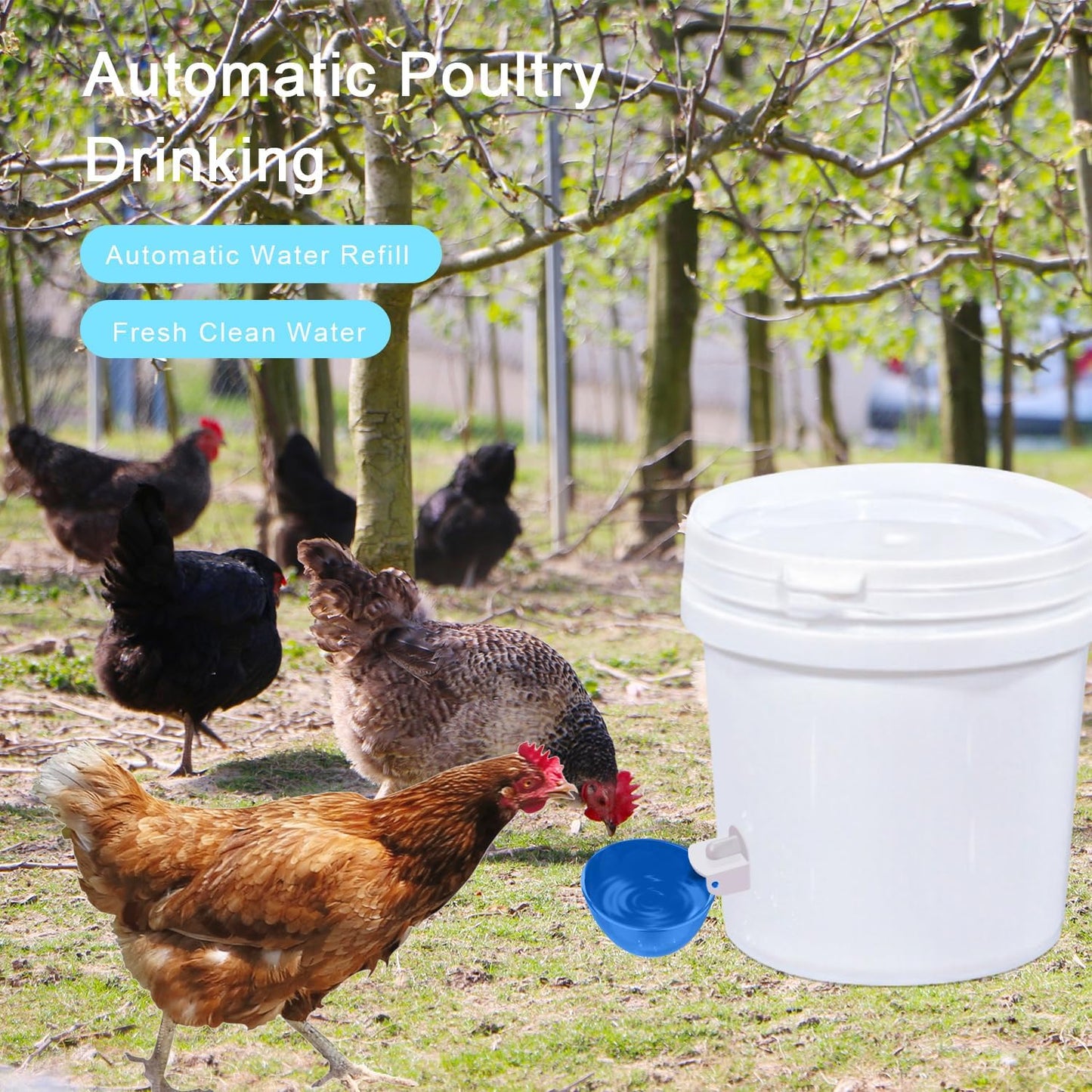 Darcvds Professional Chicken Waterer Cups, 8 Packs Blue Large Chicken Water Feeder, Tee Fittings Poultry Waterer Suitable for Duck, Chicks, Goose, Turkey, Bunny and Bird with Mounting Hole Opener WN420