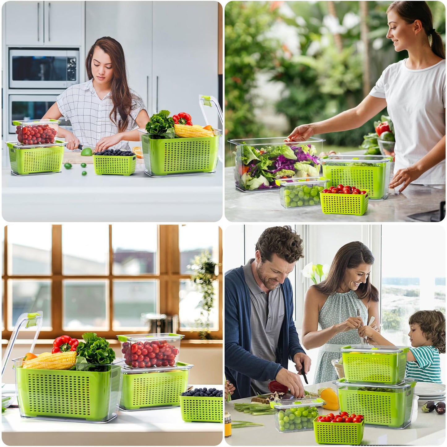 LUXEAR 4 Pack Fruit Vegetable Containers for Fridge, Produce Saver Container with Lids &Removable Colander BPA-free Refrigerator Storage Organizer for Fruit Vegetable, Berry, Meat keep Fresh Longer DD1210