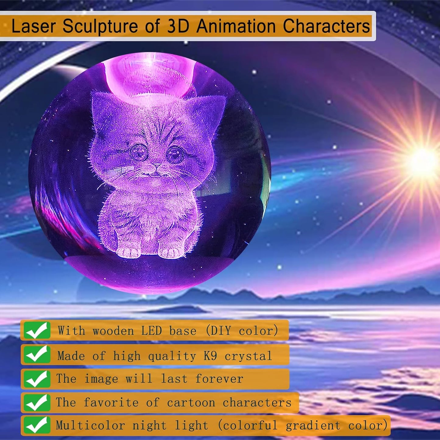 3D Kitten Crystal Ball 3.15" / LED Gradient Color Wooden USB Switch Base/Cat-Themed Couple Gift/Birthday,Christmas Gifts for Women WN420