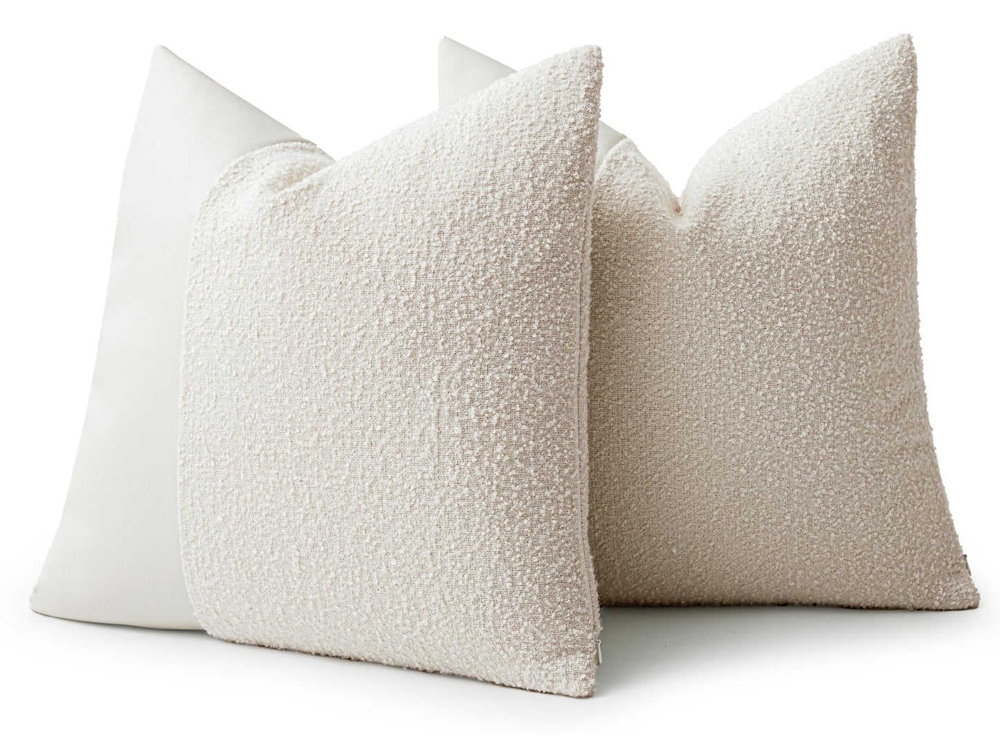 Set of 2 Fluffy Boucle Pillow Covers 18"x18", Oatmeal Textured Throw Pillow Covers with Faux Leather Accents, Boho Decorative Pillow Cases for Couch, Bed, or Farmhouse Home Decor BST220