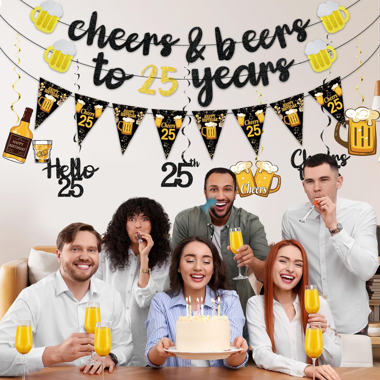 Black Gold 90th Birthday Decorations for Men Women, Glitter Pre-Strung Cheers to 90 Years Banner Hello 90 Hanging Swirls Paper Triangle Flag Banner Decorations Bday Party Supplies Kit WN420