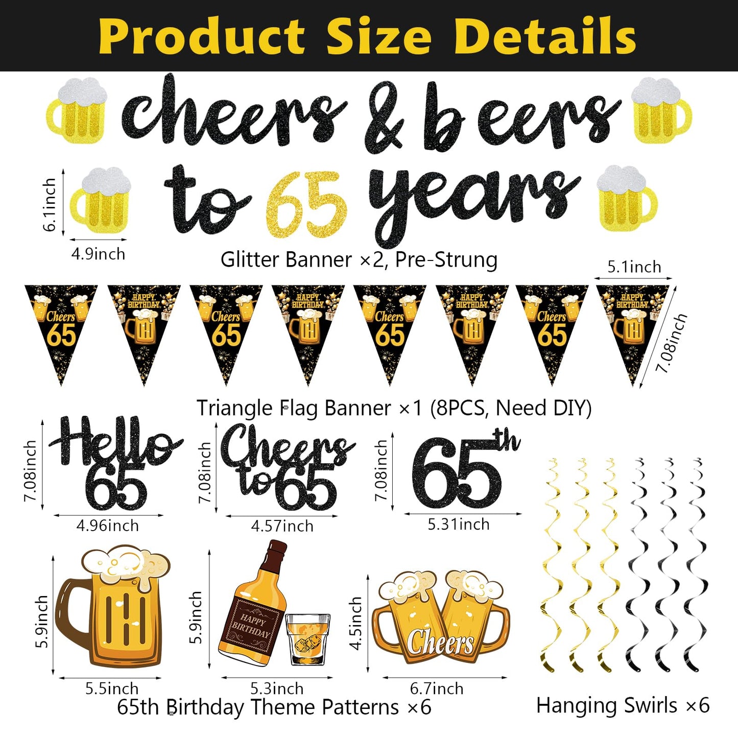 Black Gold 90th Birthday Decorations for Men Women, Glitter Pre-Strung Cheers to 90 Years Banner Hello 90 Hanging Swirls Paper Triangle Flag Banner Decorations Bday Party Supplies Kit WN420