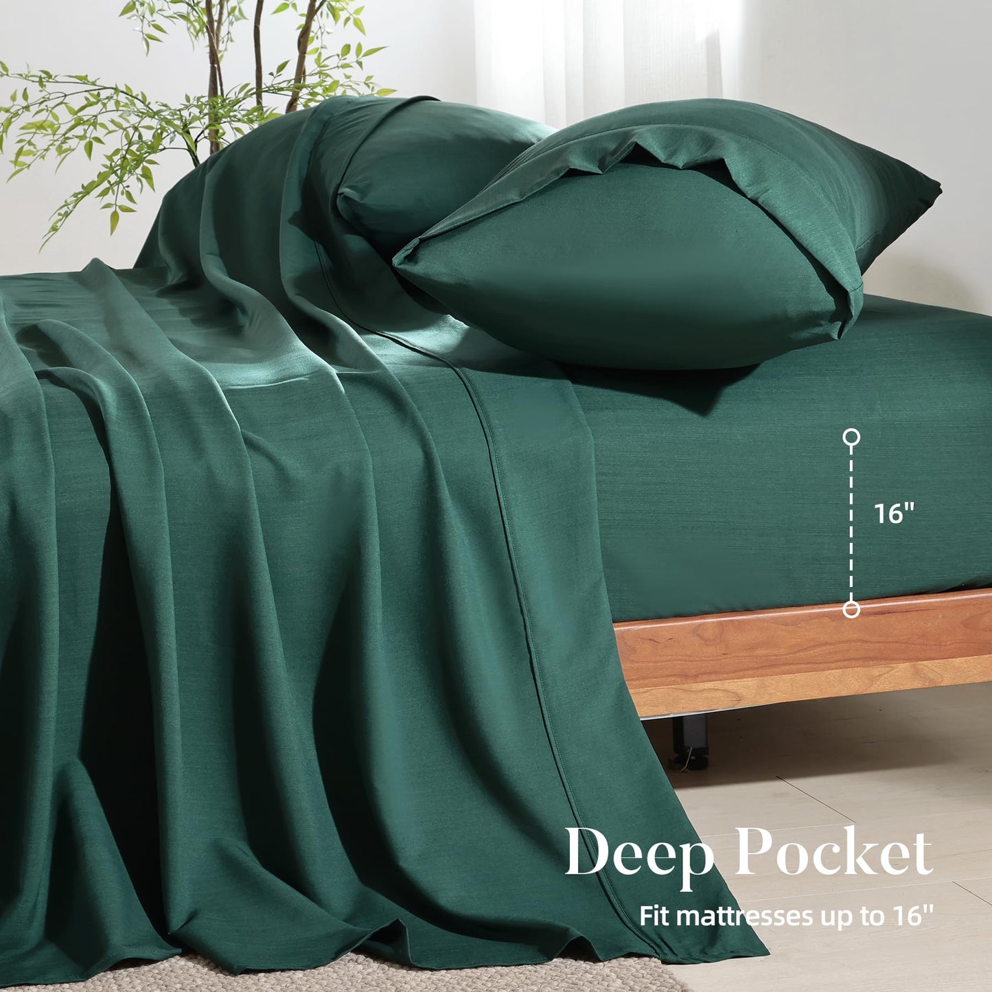 4 Piece Twin Size Sheet - Cooling Bed Sheets Set, Blend Rayon Derived from Bamboo, Breathable Soft Hotel Luxury Bedding & Pillowcases, Silky Fit 16 inch Extra Deep Pocket, Oeko-Tex - Olive Green BST326H
