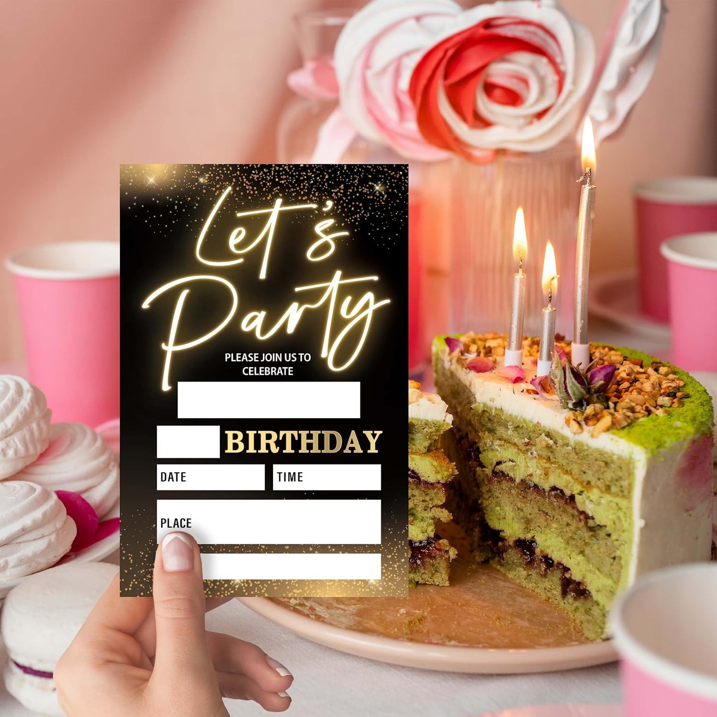 Let's Party! Gold Birthday Invitations, 4x6 Inch, 20Pcs Double-Sided Fill-In Cards & Envelopes for Boys, Girls, Birthday Parties WN420