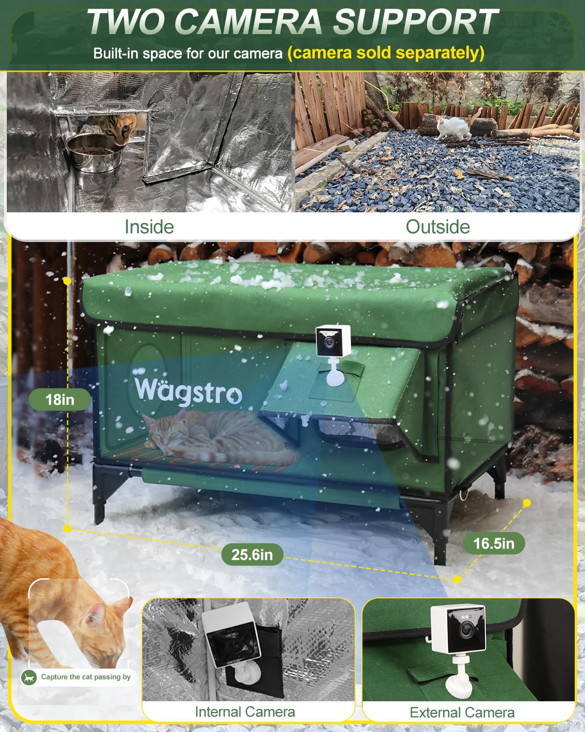 Heated Cat House for Outside, Insulated Weatherproof Heated Outdoor Cat House with Waterproof Eaves & Escape Door, Elevated Outdoor Cat Shelter for Feral Stray Cat (Green, 16.5"x13"x16.9")