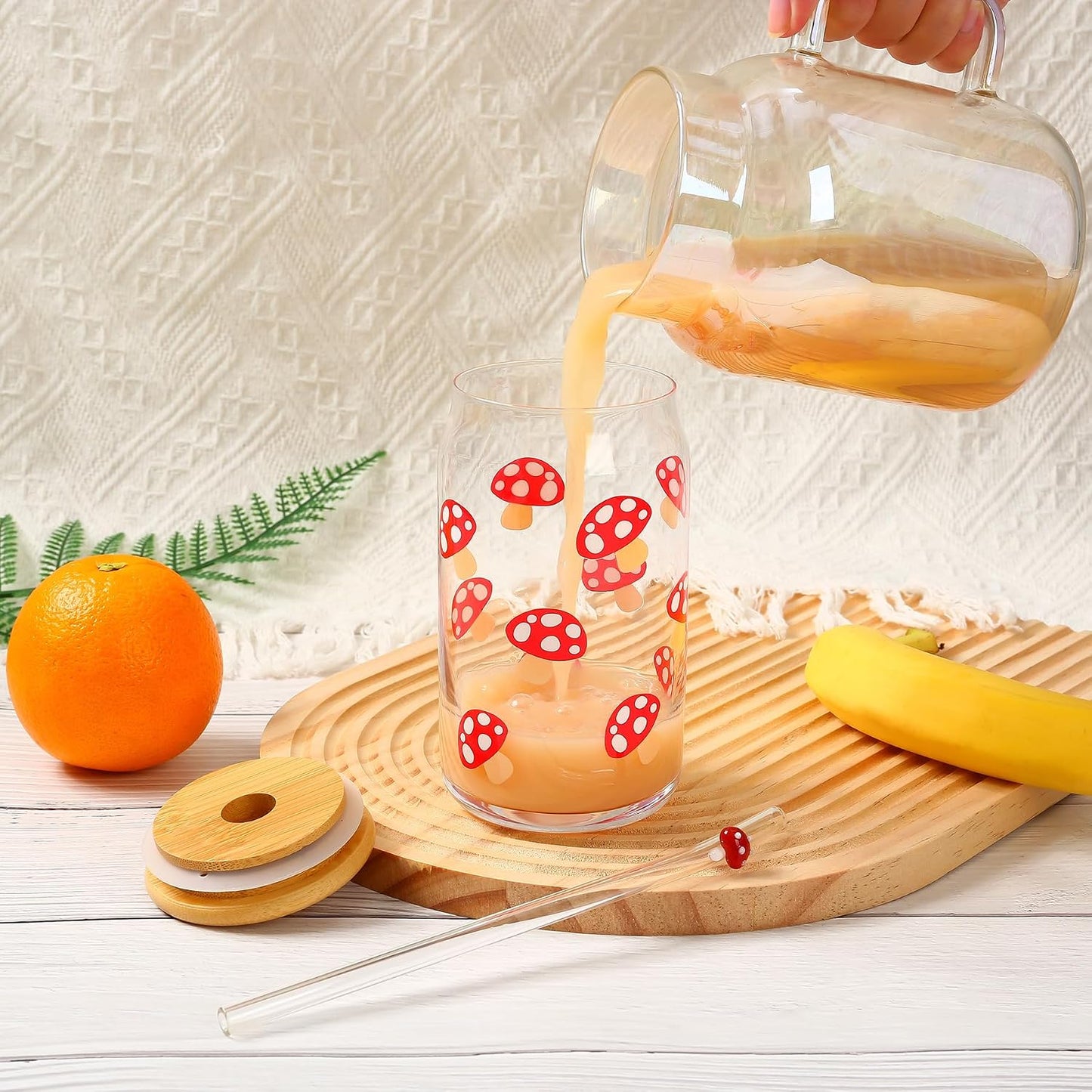 Mushroom Cup 16oz Mushroom Glass Cup with Bamboo Lid and Straw, Mushroom Things Mushroom Stuff, Mushroom Drinking Cup Coffee Tea Soda Mug Tumbler, Mushroom Gifts for Women Mushroom Lovers BST202