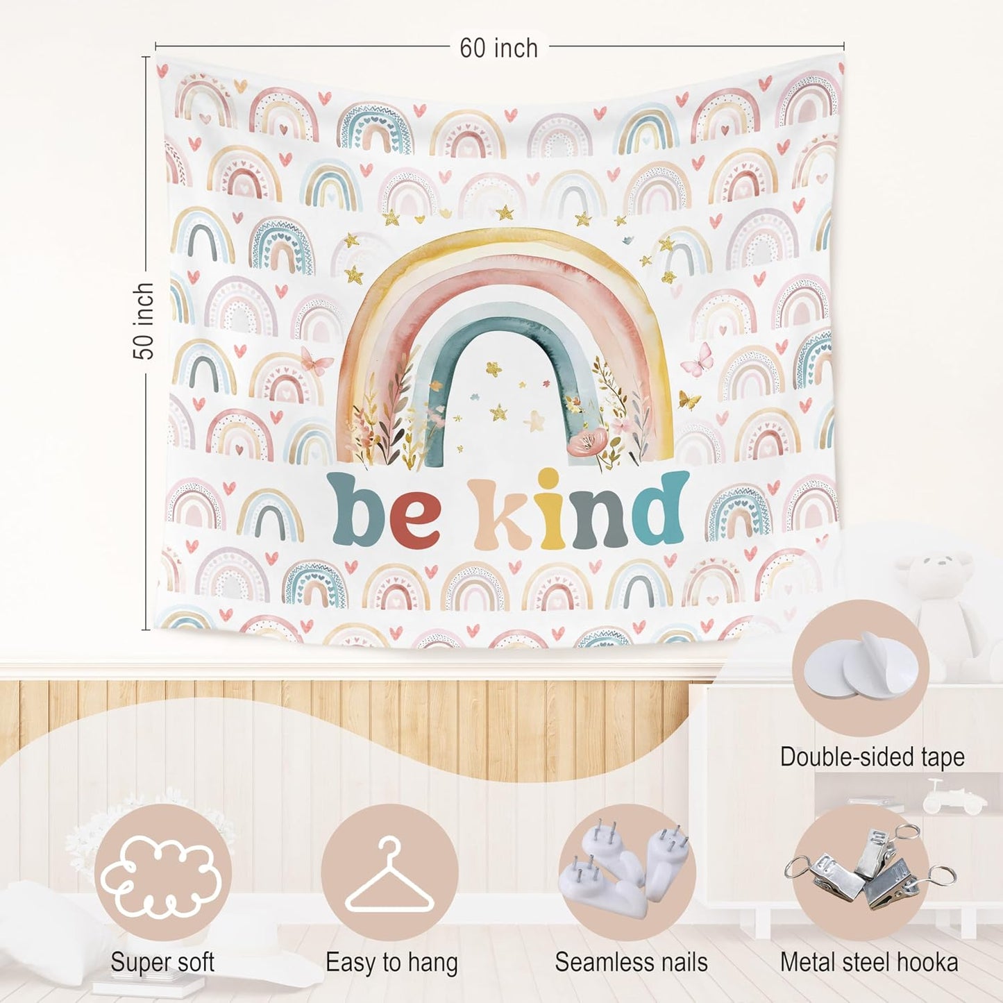 WARDOS Boho Rainbow Classroom Tapestry, Be Kind Motivational Tapestry Wall Hanging, Boho Pastel Rainbow Wall Blanket Decor for Classroom Kids Room Nursery Playroom, 50x60 Inch WN420