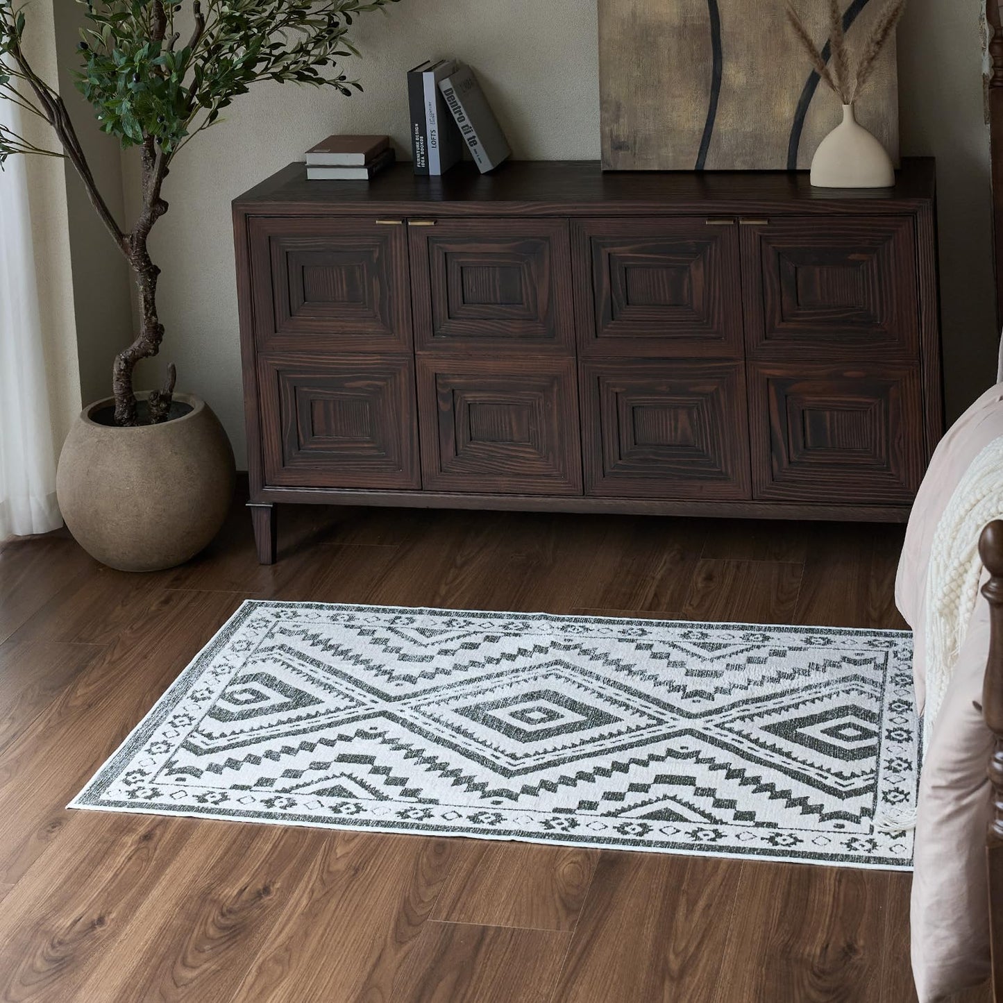 Moroccan Washable Area Rug 3x5, Geometric Tribal Decorative Woven Rug, Non-Slip Boho Farmhouse Soft Low-Pile Area Rug for Living Room Bedroom Nursery Dining Table, Dark Brown/White BST326H