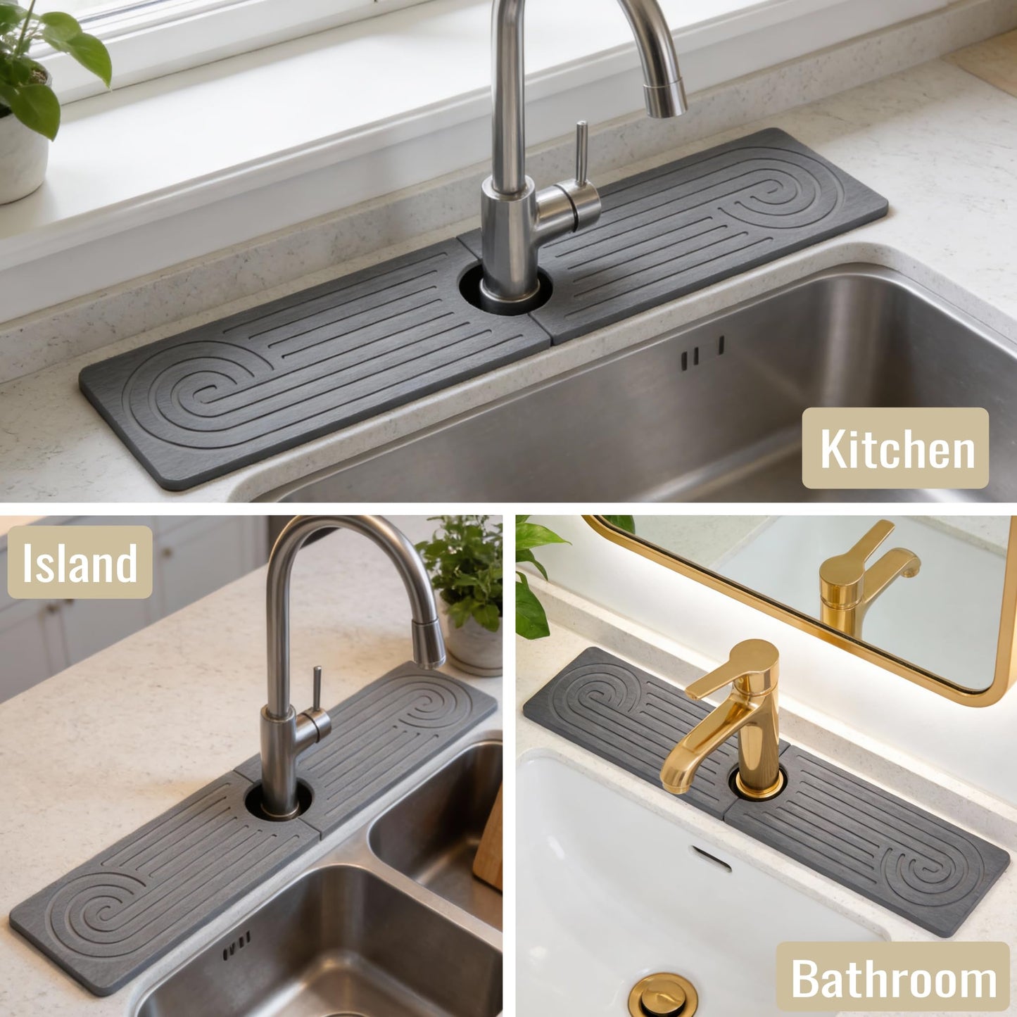 Hopegiver Stone Faucet Mat for Kitchen Sink - Fast Drying Diatomite Sink Protector Prevent Moisture, Super Water Absorbing Stone Tray for Kitchen & Bathroom Counter (White, 15.7"x3.9") BST326H