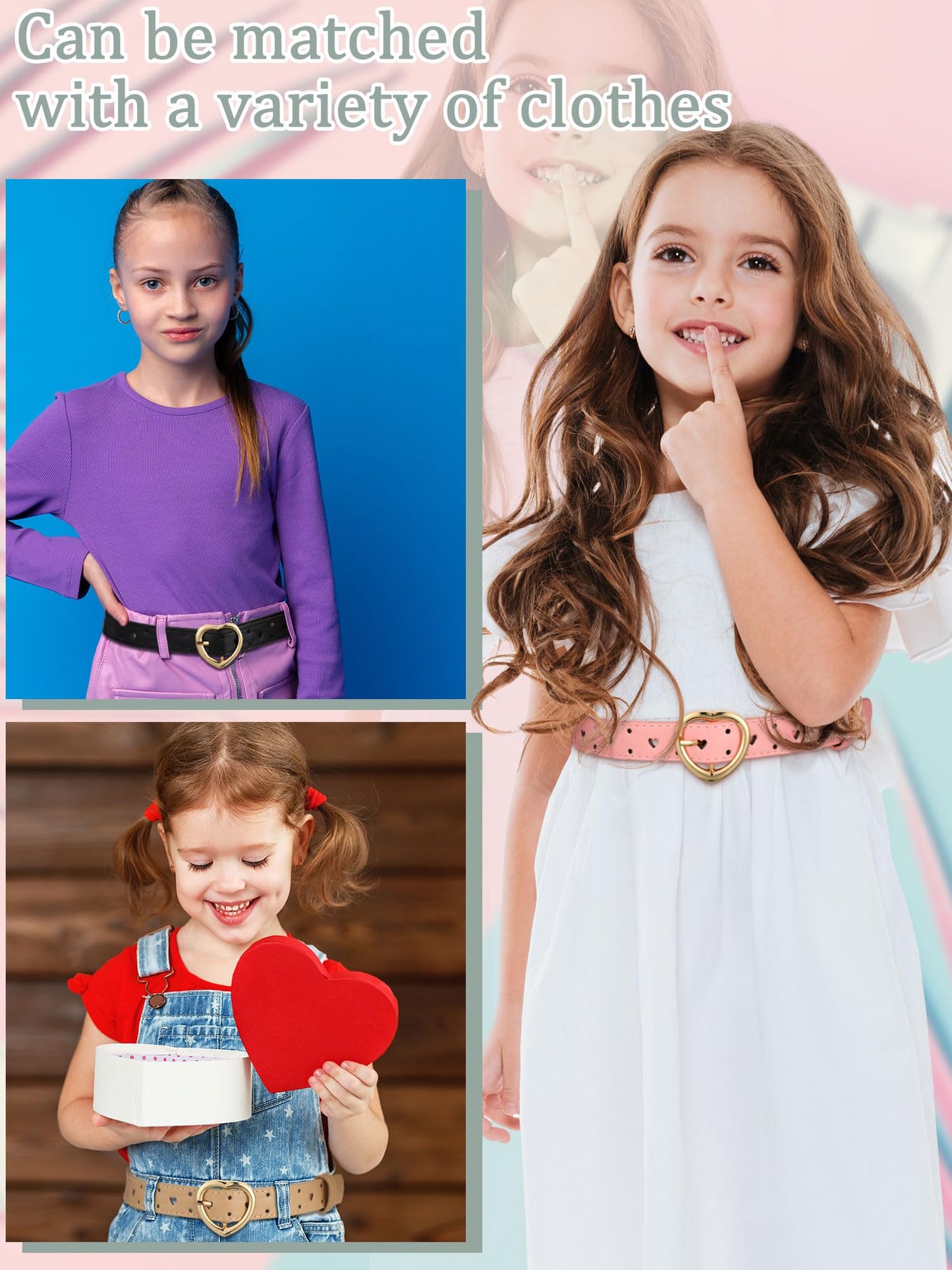 Newcotte 4 Pcs Girls Belt Size Aged 3-12 Kids PU Leather Waist Hollow Heart Design Kids Belts N31