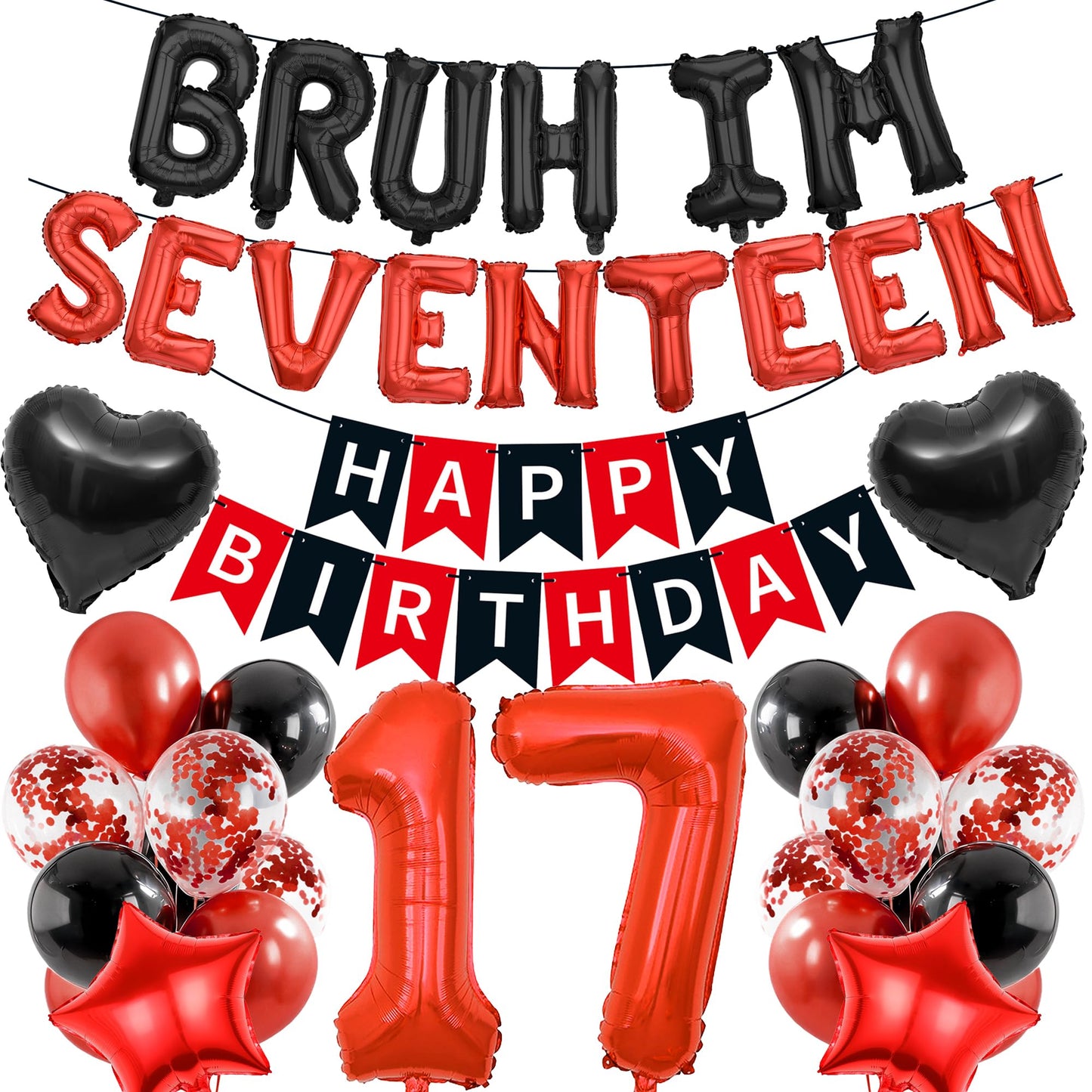9th Birthday Decorations Boys Kit - 27 Pcs Red and Black Bruh Im Nine Balloon Banners Happy Birthday Fishtail Flags Number 9 Balloon Star Heart Balloons Set for 9 Year Old Party Decoration Supplies BST202