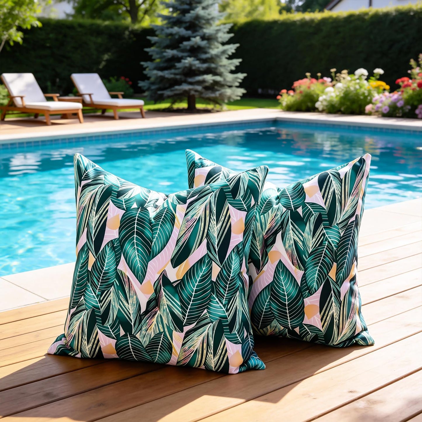 Outdoor Waterproof Pillow Covers Summer Decorative Throw Pillow Covers Tropical Leaf Couch Covers 20x20 Set of 2 Square Outdoor Floral Cushion Cases for Patio Furniture Garden Tent Balcony Bench BST220