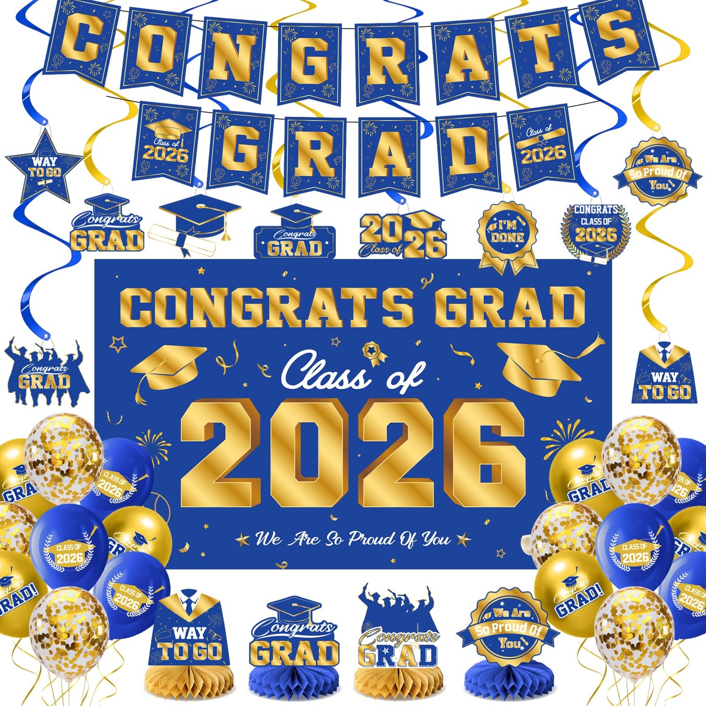 Graduation Decorations 2026-Black and Gold Graduation Party Decorations Supplies Class of 2026 with Graduation Banner, Backdrop, Balloons, Centerpieces, Hanging Swirl for Grad Party BST326H