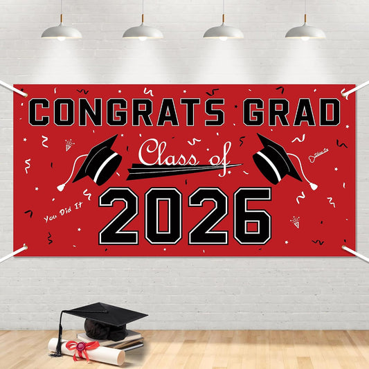Graduation Decorations 2026 2027 - Red Polyester Graduation Backdrop - Graduation Party Decorations - Congrats Grad Banner - Graduation Decorations Class of 2026,Graduation Party Favors Supplies Yard Sign WN420