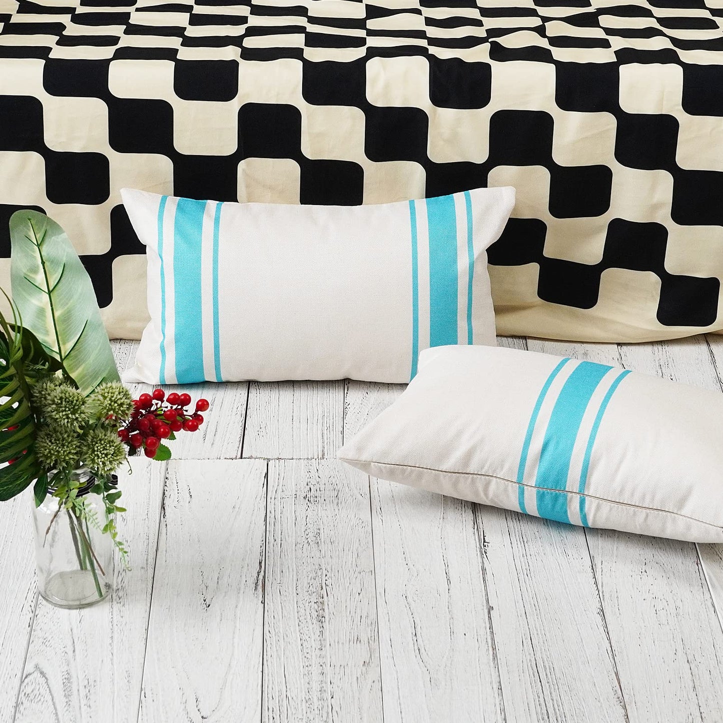 ONWAY Outdoor Pillow Covers Waterproof 18x18 Set of 2 Decorative Linen Throw Pillow Cover Beige and Black Striped Outdoor Pillows for Patio Furniture BST220