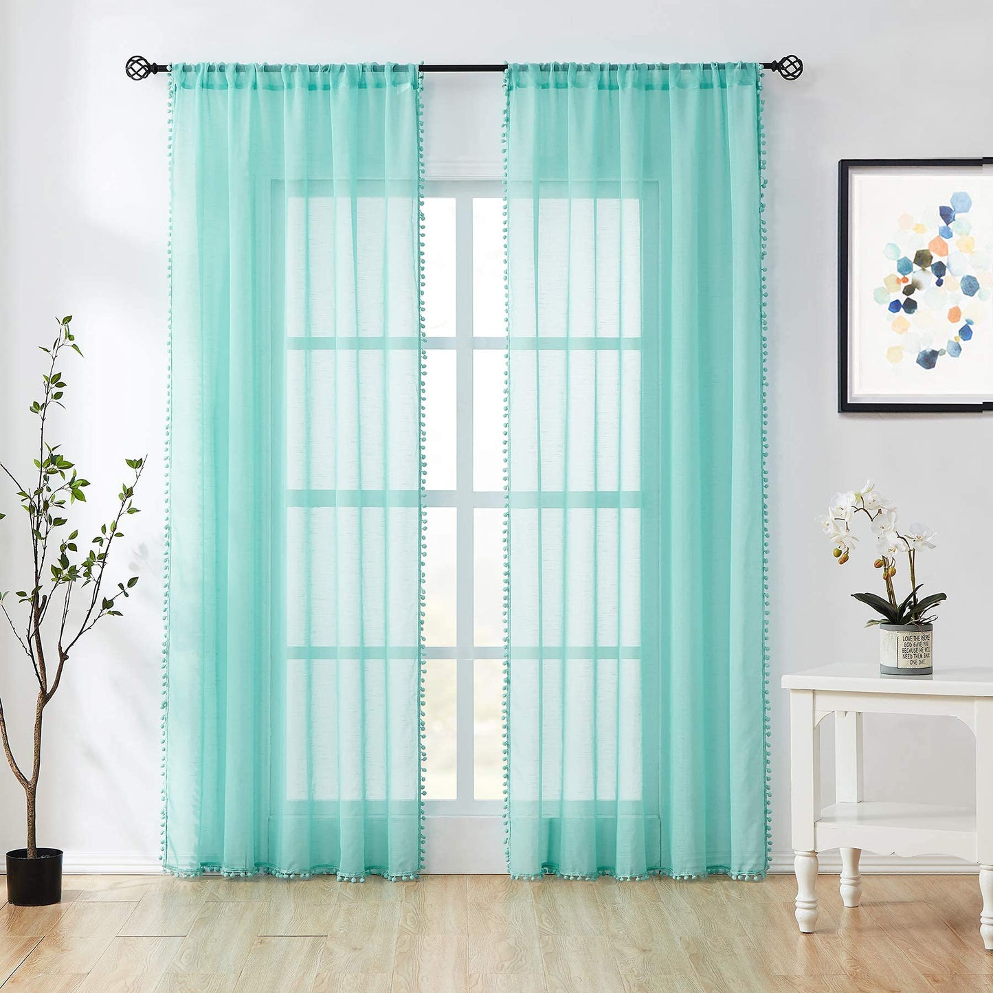 Treatmentex Pom-Pom Grey Sheer Curtains for Bedroom 63" Window Drapes Rod Pocket Textured Sheer Curtain for Kids Room 52" w 2 Panels BST202