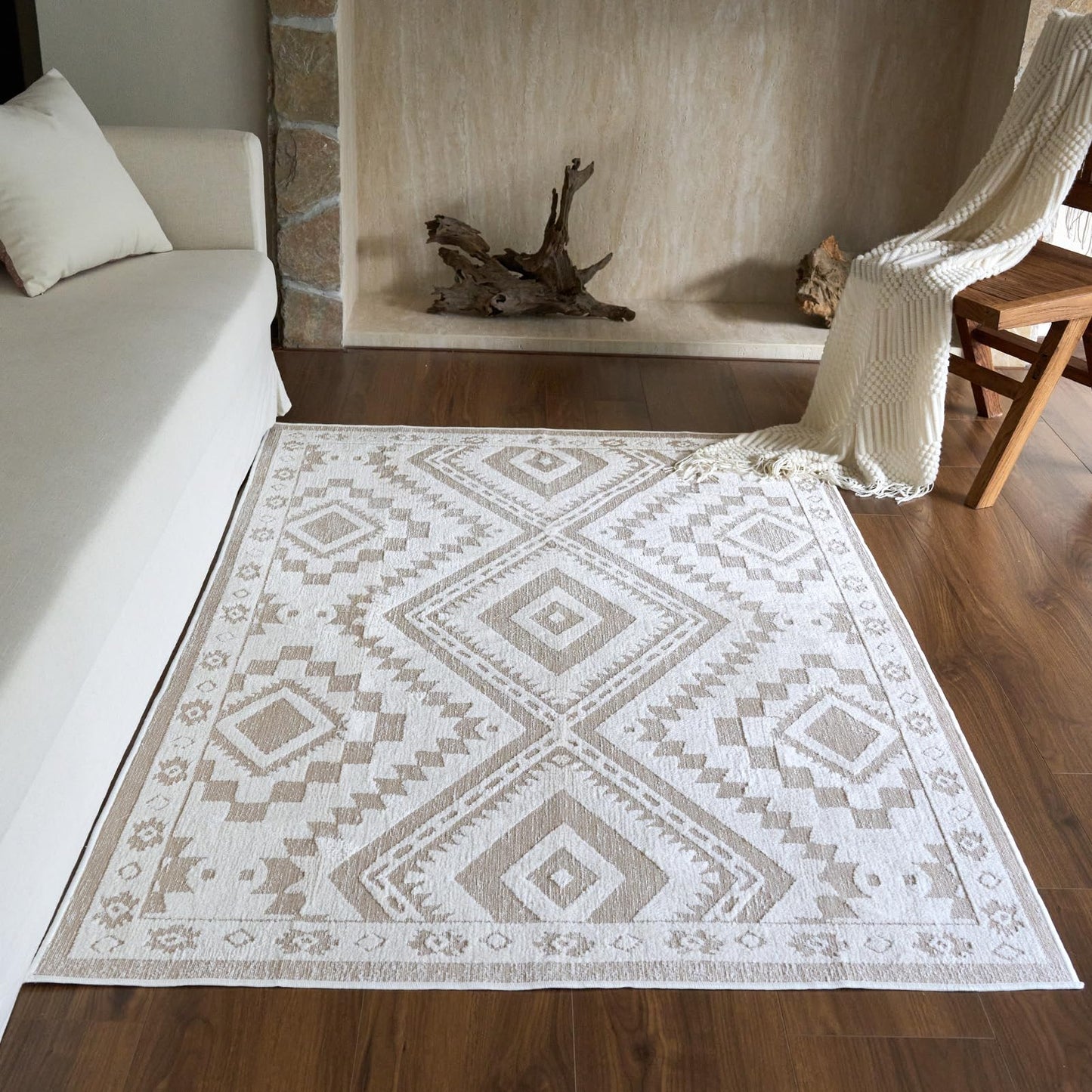 Moroccan Washable Area Rug 3x5, Geometric Tribal Decorative Woven Rug, Non-Slip Boho Farmhouse Soft Low-Pile Area Rug for Living Room Bedroom Nursery Dining Table, Dark Brown/White BST326H