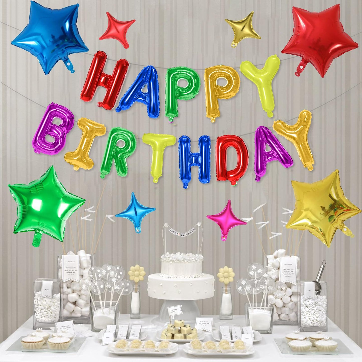 Happy Birthday Balloons Banner, Rainbow Happy Birthday Foil Balloons 16 Inch Foil Letter Balloon with 8 Pcs Gradient Blue Pink Star Balloon for Women Men Boys Girls Birthday Party Decoration WN420