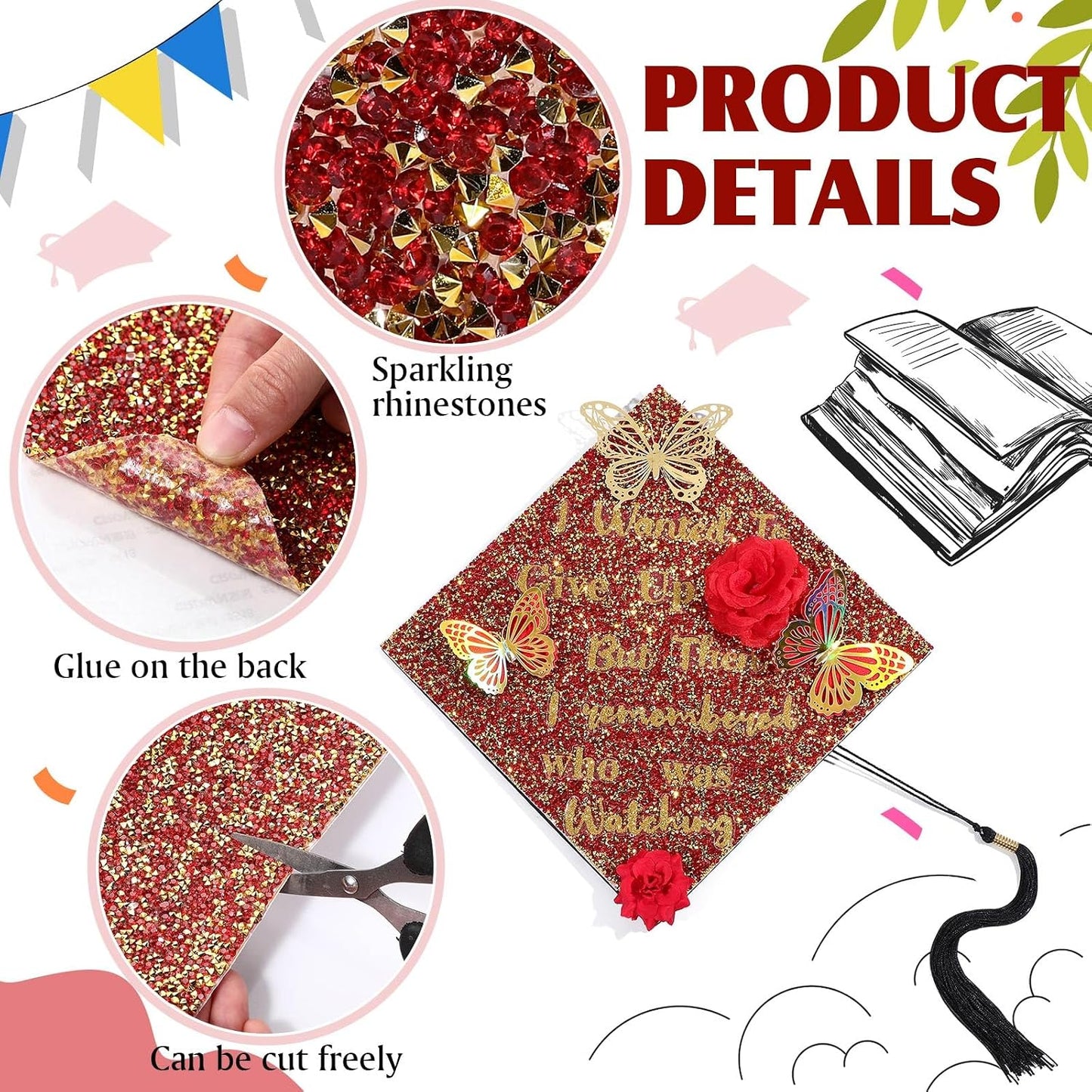 Gersoniel Graduation Cap Decorations 3 Sheets Bling Rhinestone Stickers 10 x 10 Inch Self-adhesive for Grad Hat Topper Craft DIY(Gold,Red) WN420