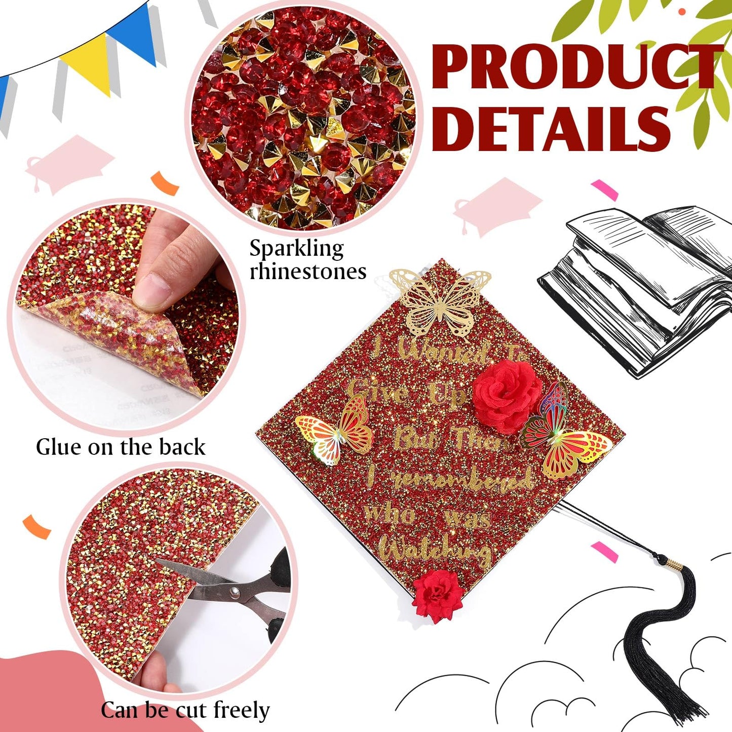 Gersoniel Graduation Cap Decorations 3 Sheets Bling Rhinestone Stickers 10 x 10 Inch Self-adhesive for Grad Hat Topper Craft DIY(Gold,Red) WN420
