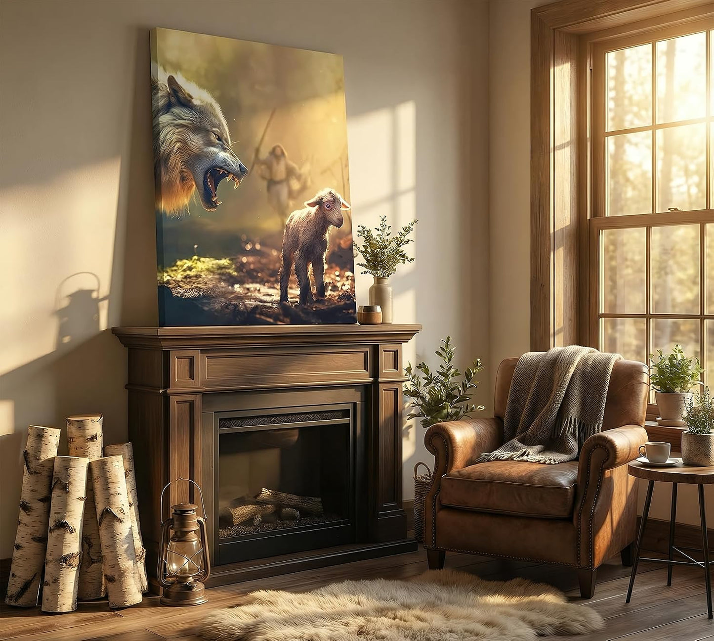 KKJ Jesus Saves The Lamb Canvas Wall Art | Jesus Running Towards Wolf & Lamb Picture, Christian Poster Print Painting, Living Room Bedroom Church Decor, Home Decoration BST326H