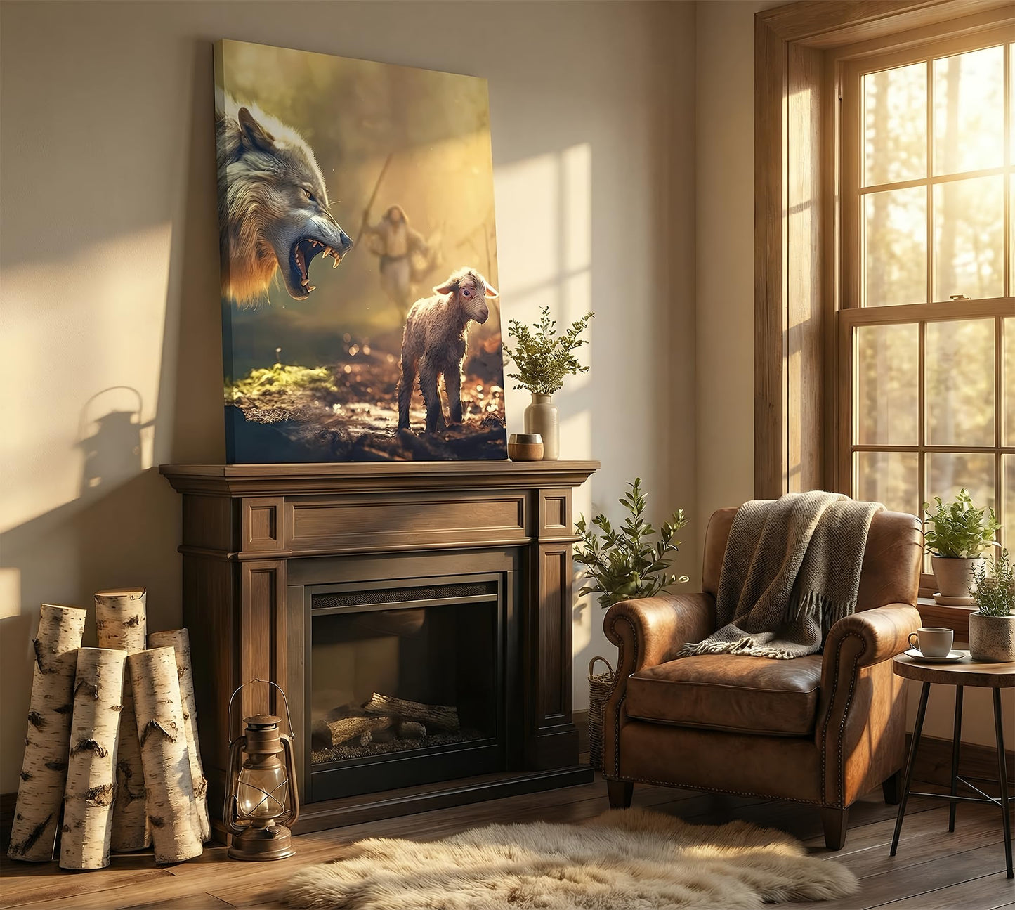 KKJ Jesus Saves The Lamb Canvas Wall Art | Jesus Running Towards Wolf & Lamb Picture, Christian Poster Print Painting, Living Room Bedroom Church Decor, Home Decoration BST326H