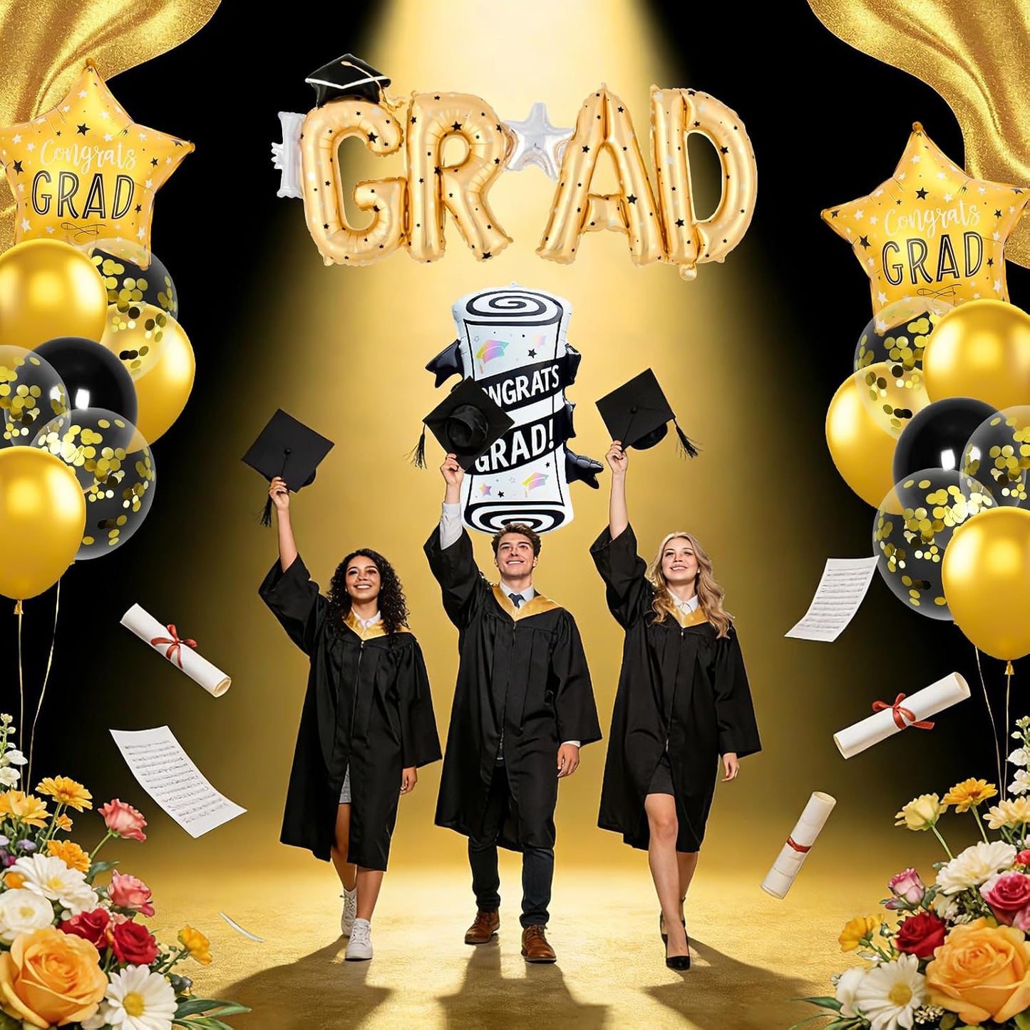 Graduation Balloons Congrats Grad Balloons Gold and Black Balloon for 5th Grade Graduation Decorations Grad Party Decorations 2026 BST326L