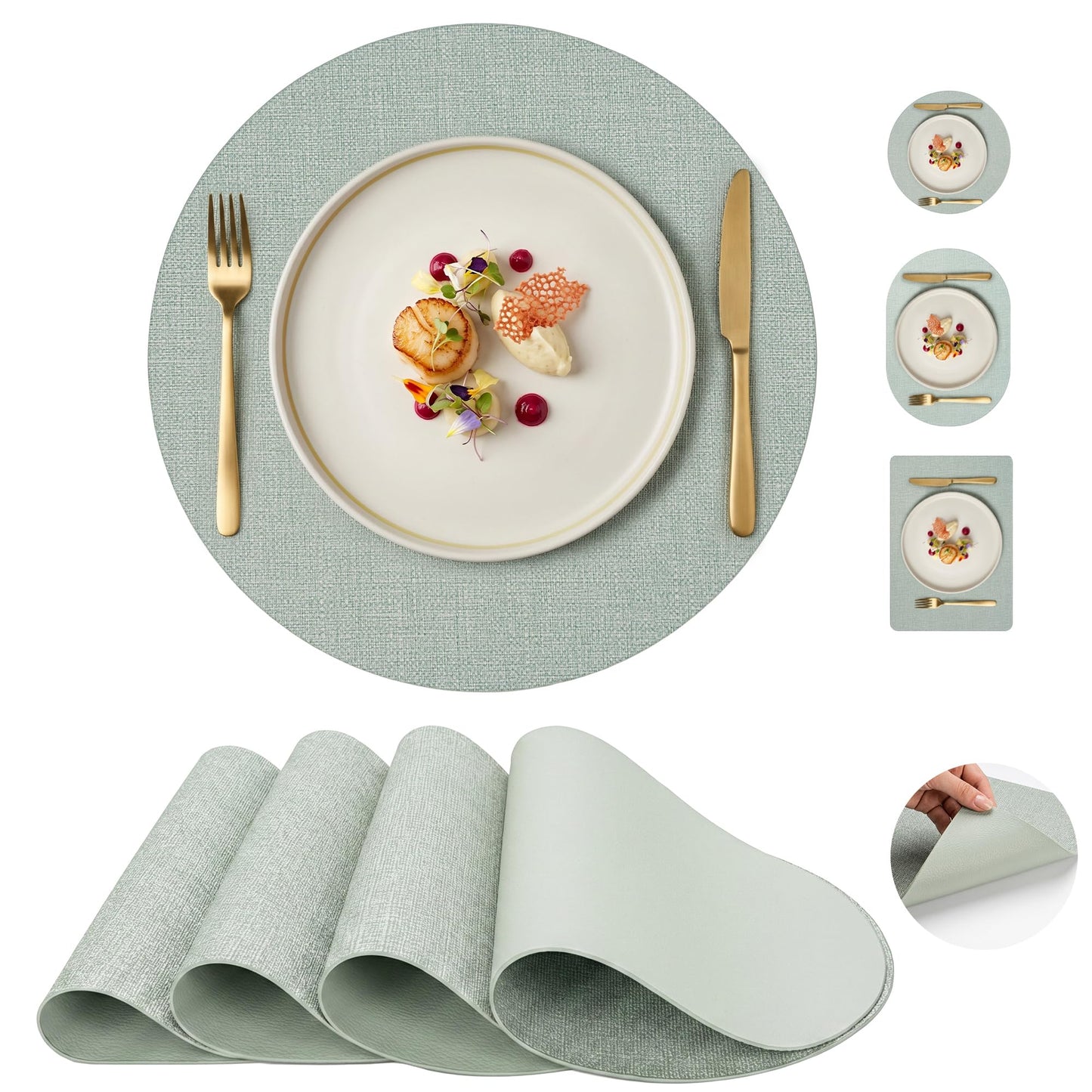Faux Leather Placemats Set of 6, Wipeable Waterproof Stain Resistant Table Mats, Heat Resistant Thick Placemats with Hand-Painted Edges for Kitchen Dining, Imitative Linen Texture, Various Shapes BST326H