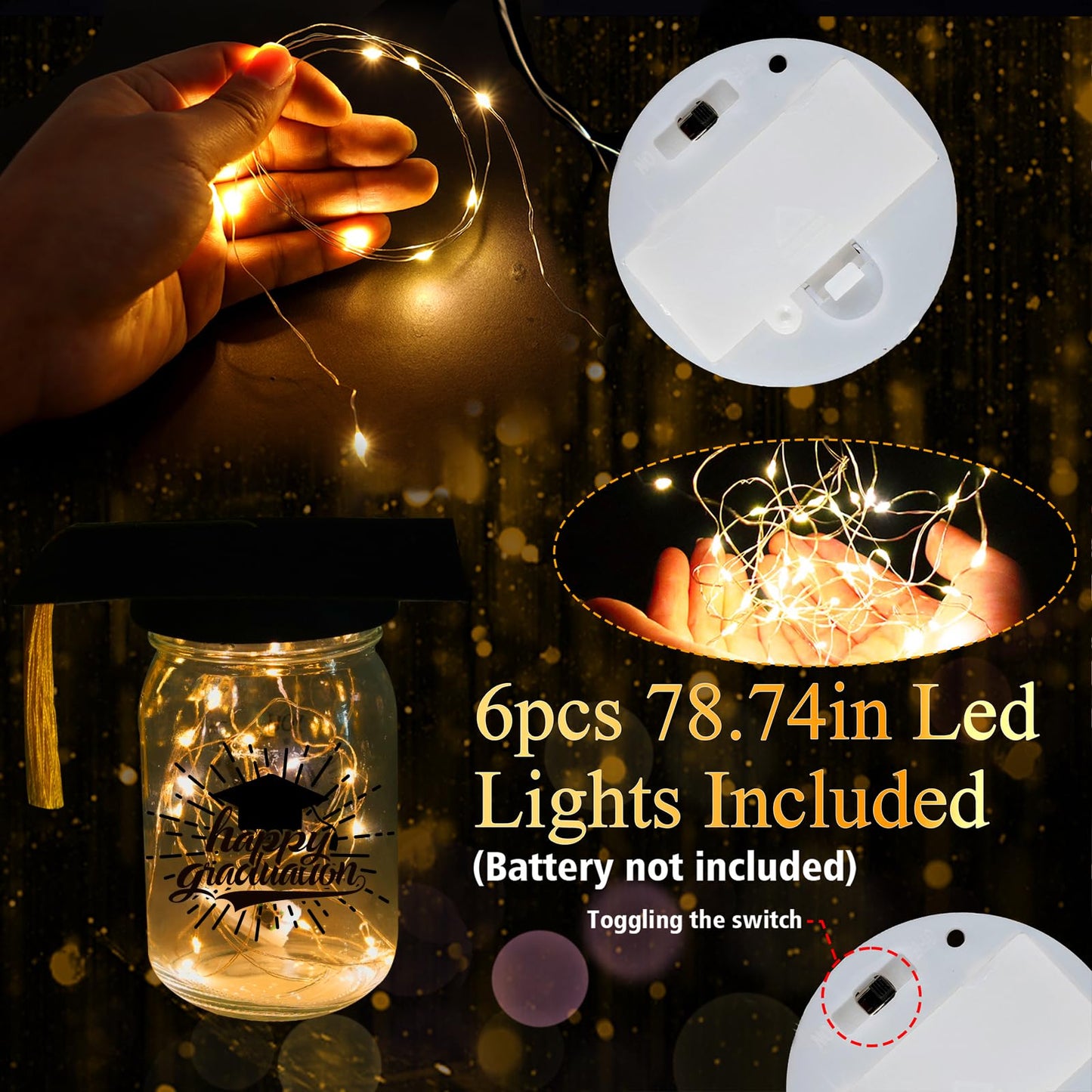 3 Sets 2026 Graduation Centerpieces for Tables, Glowing Mason Jar Centerpieces with Graduation Caps, Glowing Money Jars for College High School Congrats Grad Party Decor Supplies WN420