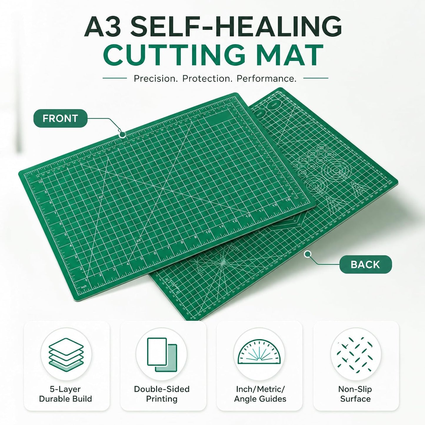 Self Healing Cutting Mat 11x17 Inch (A3) - Double Sided 5-Ply Craft Board for Sewing, Quilting, Scrapbooking & Fabric Cutting - Heavy Duty Hobby Desk Protector Pad, Green BST326H